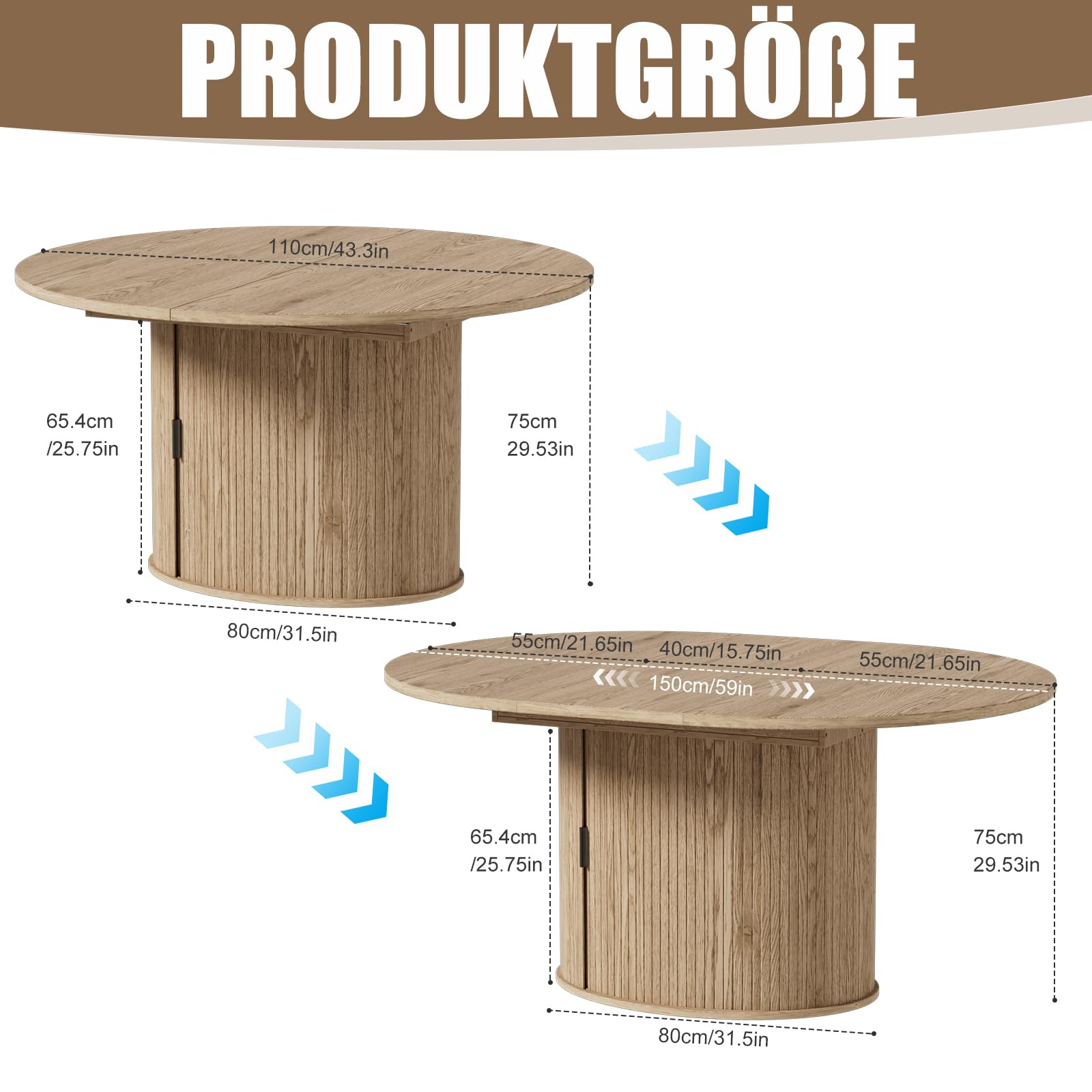 MSFE Esstisch Ausziehbar mit Verstecktem Stauraum Runder Esstisch für 4-8 Personen Moderne Esszimmertisch aus Holz mit 2-lagigem Lagerregal und Schiebetür für Esszimmer Wohnzimmer 110-150x110x75CM