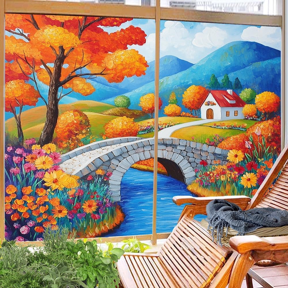 Countryside Cottage Window Film Privacy Graffiti Style Rustic Autumn House Decorative Stained Glass Decal for Home, Adhesive Window Sticker 35.4Wx63L inch x 2pcs