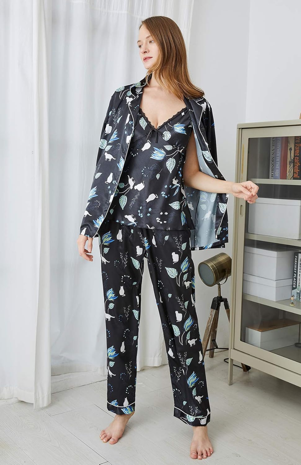 Escalier Womens 5pcs Silk Satin Pajama Set Cami Pjs Sleepwear Button Down Pj Sets Loungewear - Image 3
