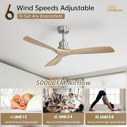Miniatura 2 de Sofucor - Ventilador de techo de 52 pulgadas sin luces, ventilador de techo moderno de madera sólida con control remoto, alto caudal de aire de 5000