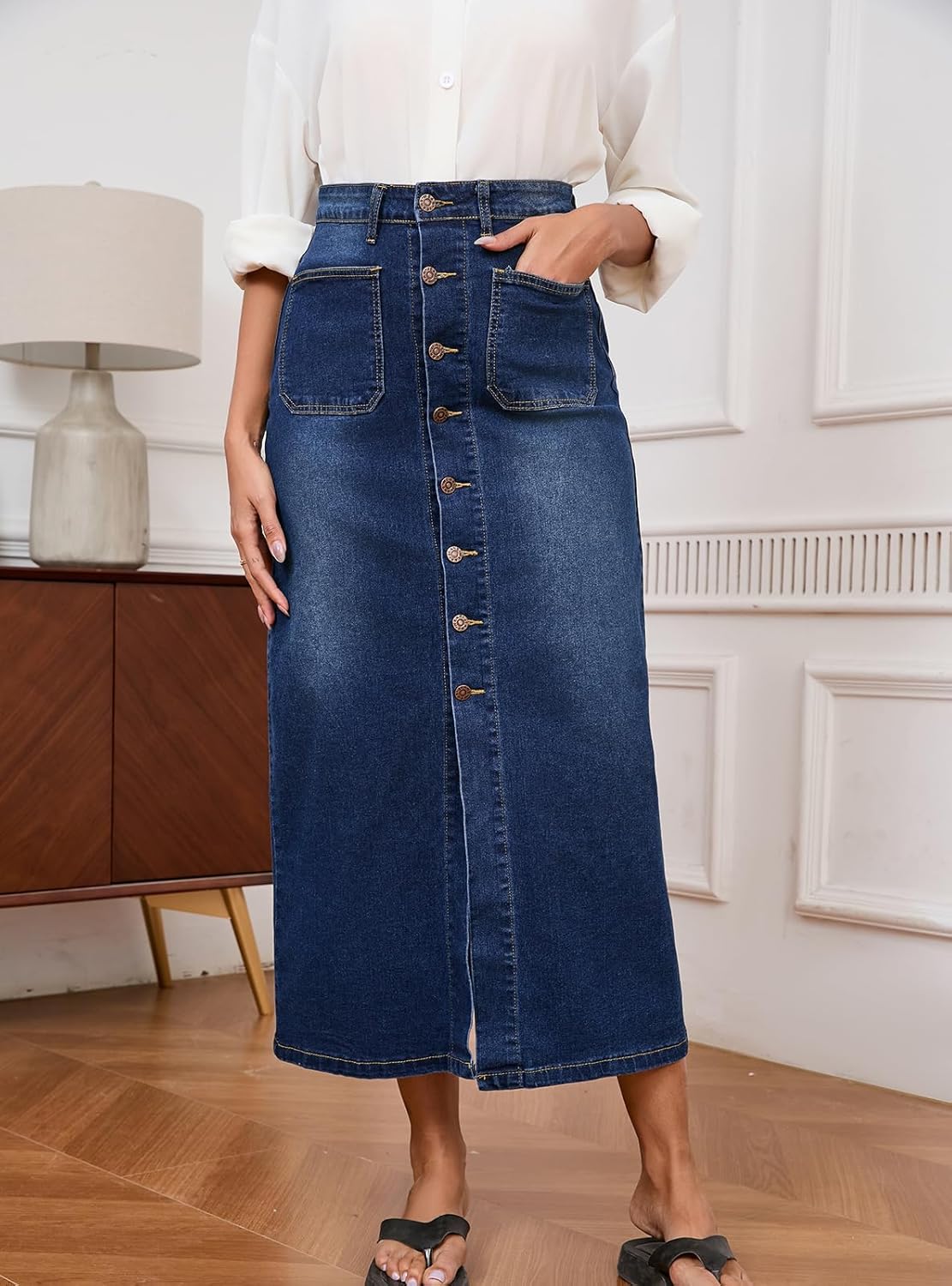 Women's Casual Slit Denim Midi Jean Skirt Stretch High Waisted Button Up Frayed with Pockets