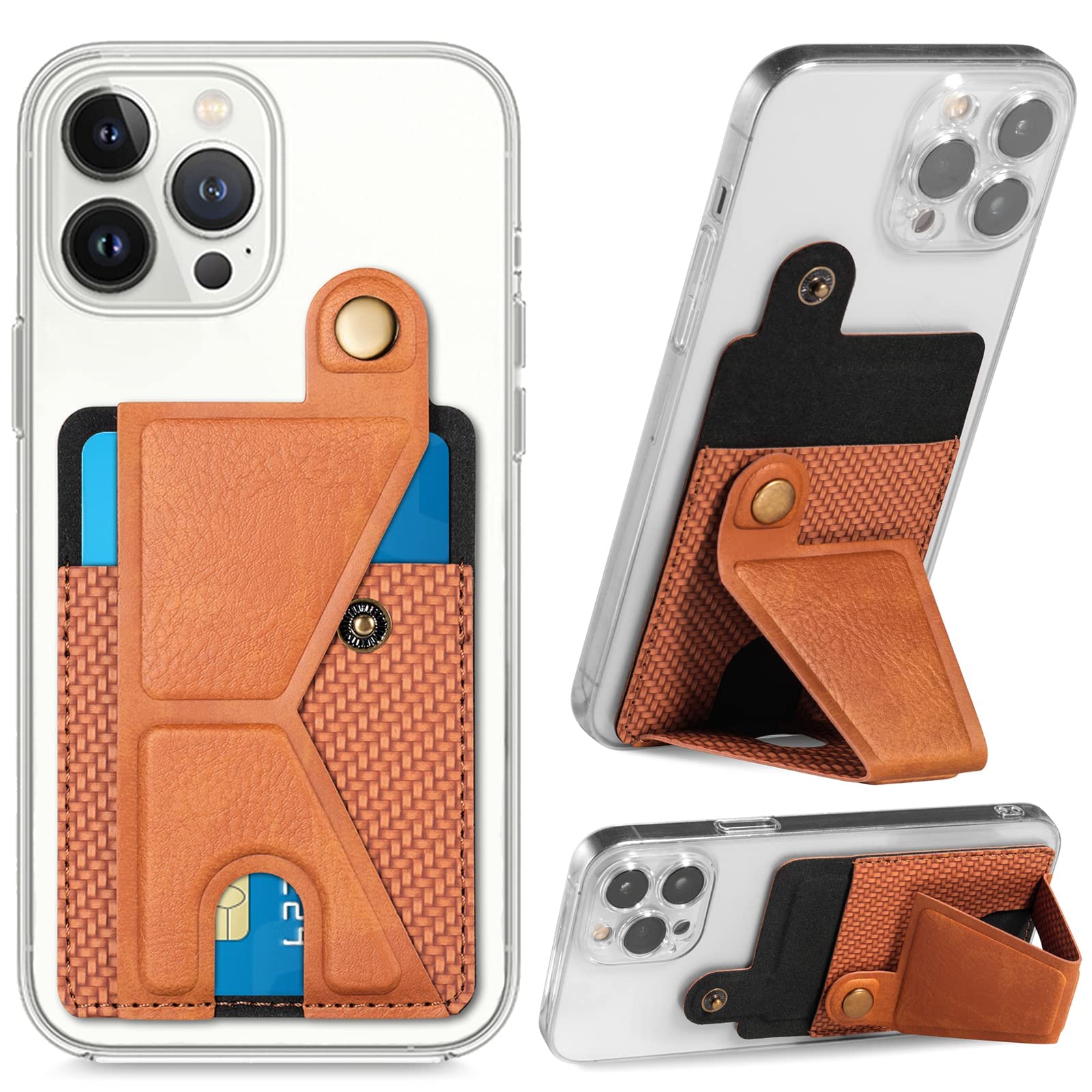 Adhesive Phone Pocket, Card Holder With 3M Adhesive, PU Leather Wallet Sleeve, Magnetic Kickstand Credit Card Holder Compatible With Most Smartphones