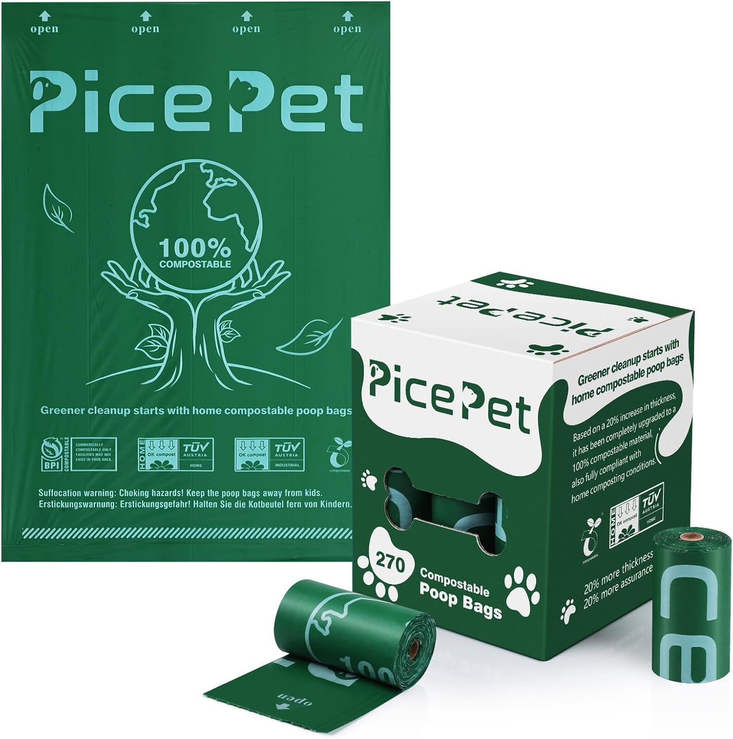 100% Certified Home Compostable & Biodegradable Dog Poop Bags Rolls, 270-20% Thicker Plant Based Corn Starch for Doggie, Leak-Proof & Heavy duty, ASTM D6400 & EN 13432 Certified, Made in PRC