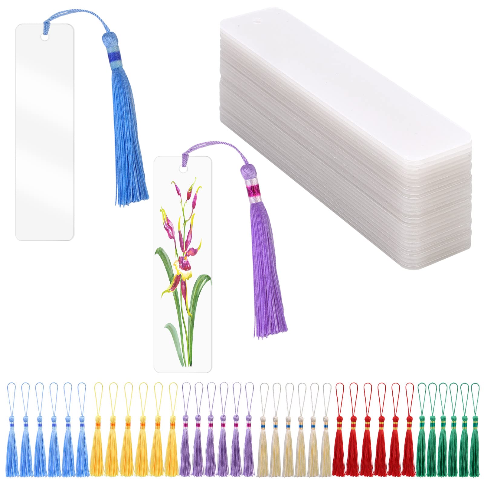 OOTSR 30 Piezas de Marcadores de libros Acrílicos Transparentes con Agujero y 30 Piezas de Borlas de Colores, para Proyectos de Manualidades de Marcapáginas Diy y Etiquetas de Regalo