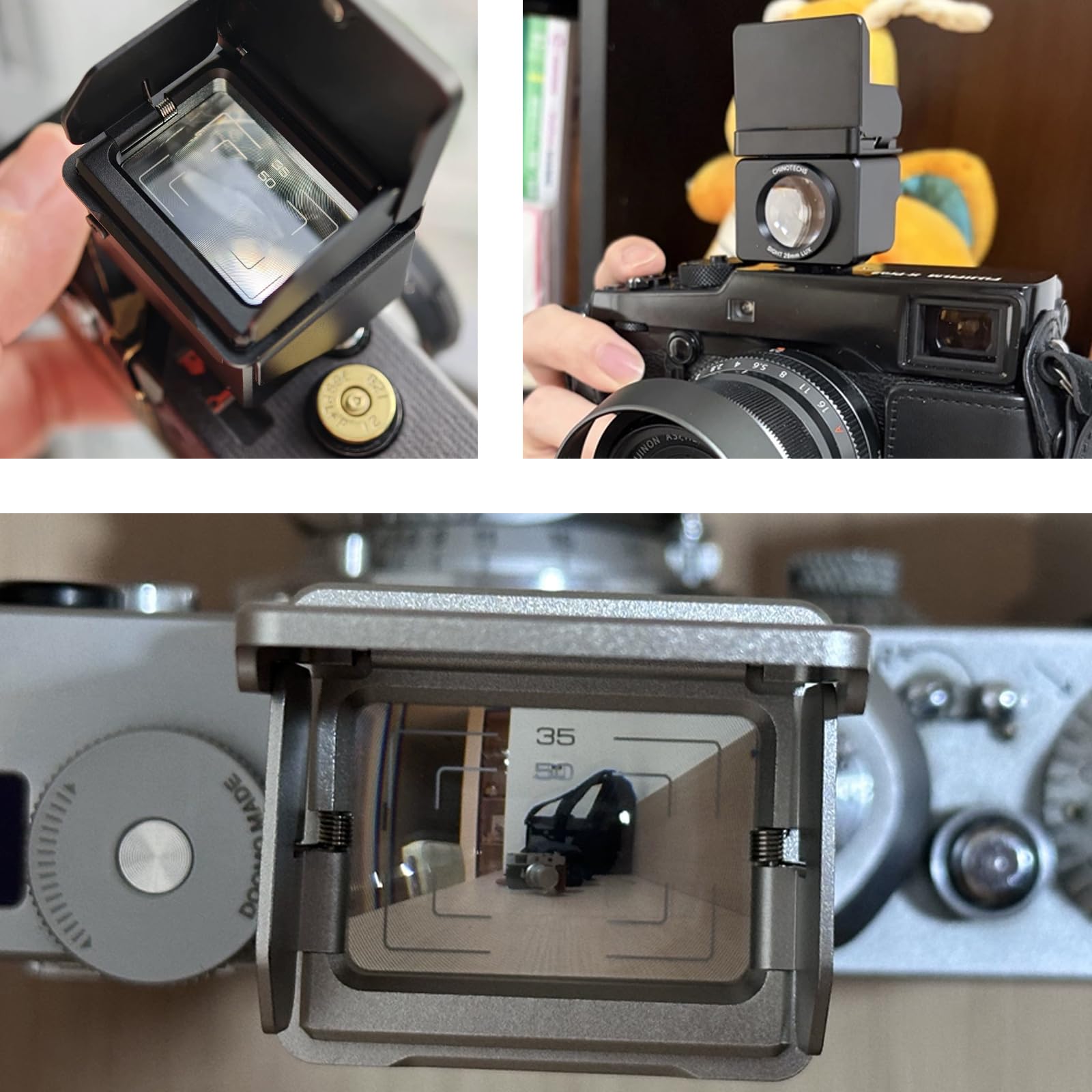 Wizjer optyczny z osłoną przeciwsłoneczną, pole widzenia w pełnym formacie 28 mm + oznaczenia pola widzenia do 35 mm i 50 mm, regulowany interfejs lampy błyskowej, kompatybilny z aparatami