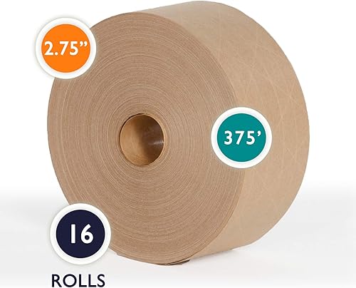 Miniatura 8 de PackageZoom Cinta adhesiva reforzada de papel kraft activado por agua, 2.75 pulgadas x 375 pies x 8 rollos marrones (3,000 pies en total)