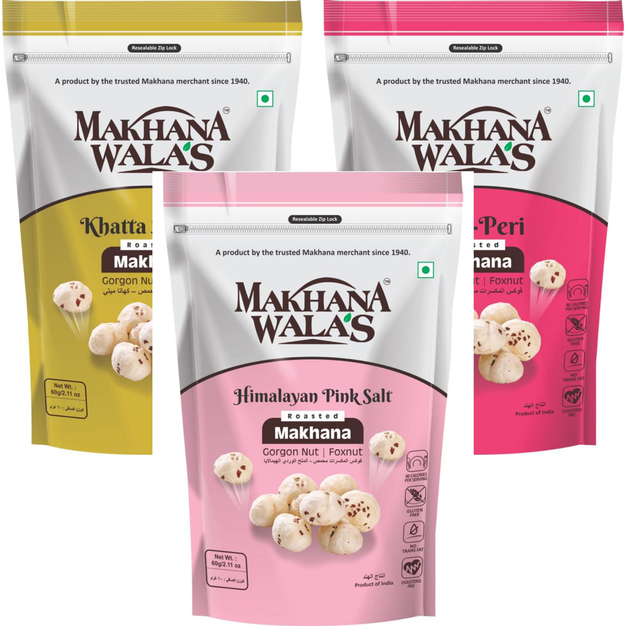 MakhanaWala's Roasted & Flavored Makhana | Gorgon Nut | Gluten-Free Vegan Snacks | Healthy Diet Snacks | Himalayan Pink, Khatta Meetha, and Peri Peri Flavored Makhana, Pack of 3, 60g Each