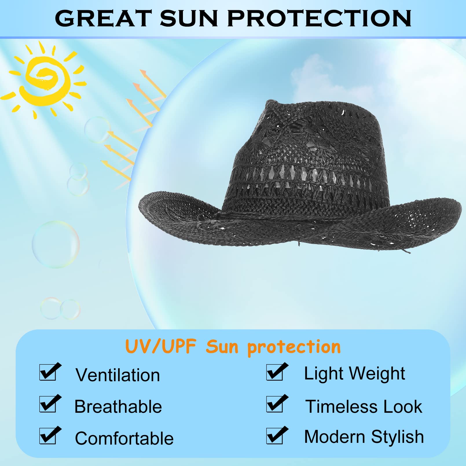 EOZY Men & Women's Summer Cowboy Cowgirl Straw Hat Hollow Out Woven Roll Up Wide Brim Hat
