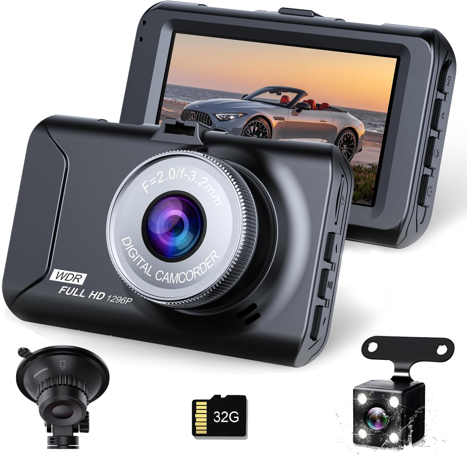 Dash Cam Front and Rear, Front and Rear car Cameras, 170 Wide-Angle, with a 3.0 "LCD Display Screen, Infrared Night Vision,1296P Full HD car Camera.32GB SD Card, IPS Screen,WDR (YQ)