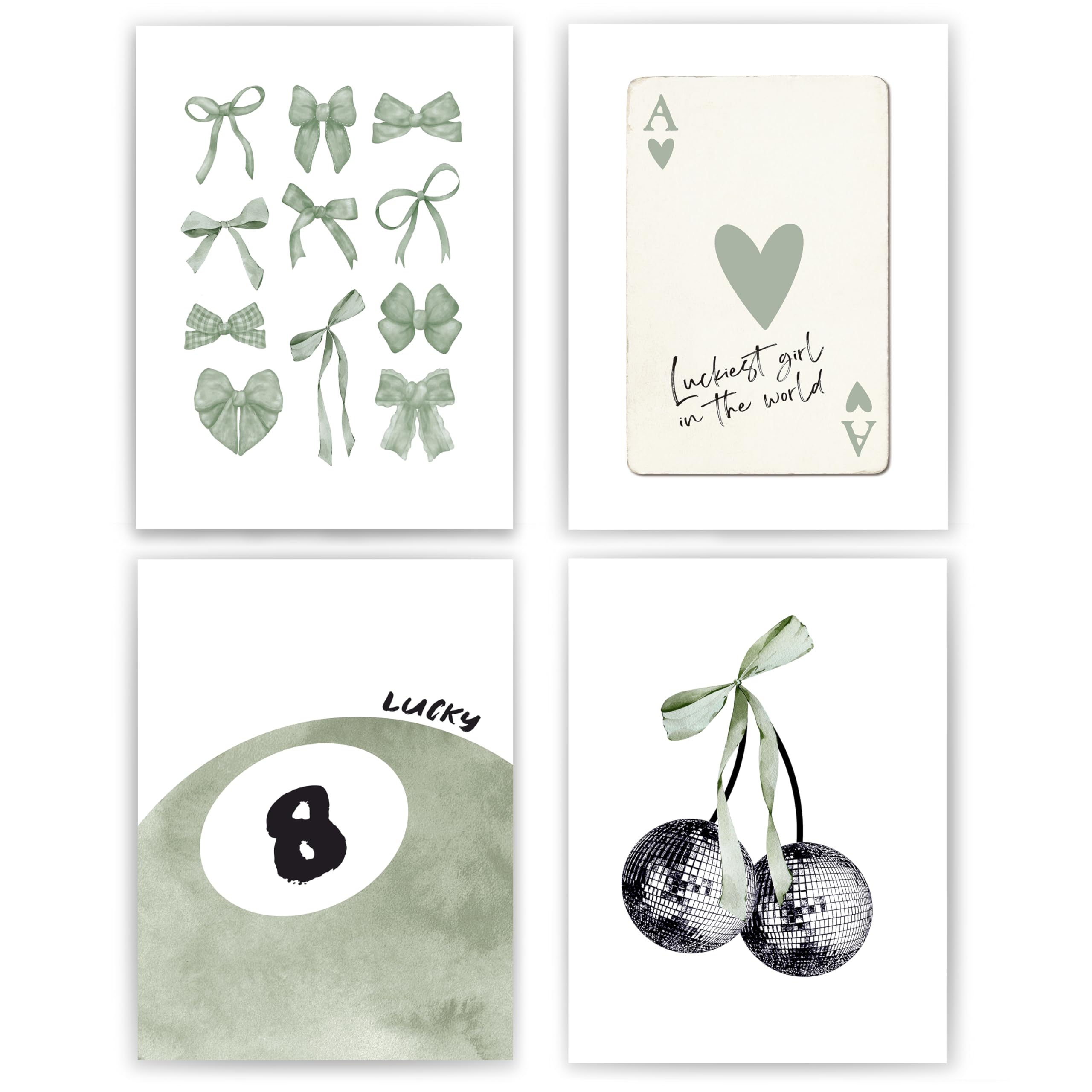okaxscmSage Green Coquette Trendy Preppy Wall Art Prints Set of 4, Coquette Preppy Room Decor Aesthetic, Green Bow Disco 8 Ball Cherry Wall Decor Posters for Girls Bedroom Dorm, 12x16 Unframed