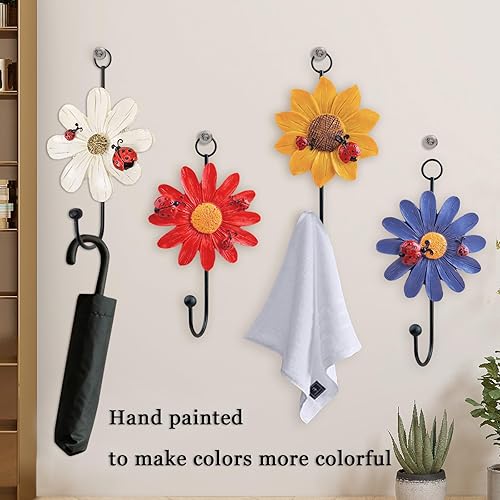 Miniatura 3 de Notakia Creative Daisy - Ganchos de pared de resina para montar en la pared, diseño de flores, gancho de hierro pintado a mano para colgar