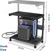 Vista 2 de Soporte de torre de computadora de altura ajustable con estación de carga y puerto de carga USB, carrito de 2 niveles ATX, soporte de PC móvil Negro