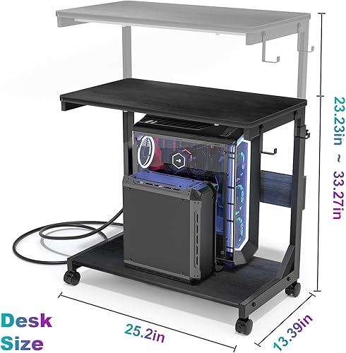 Miniatura 2 de Soporte de torre de computadora de altura ajustable con estación de carga y puerto de carga USB, carrito de 2 niveles ATX, soporte de PC móvil