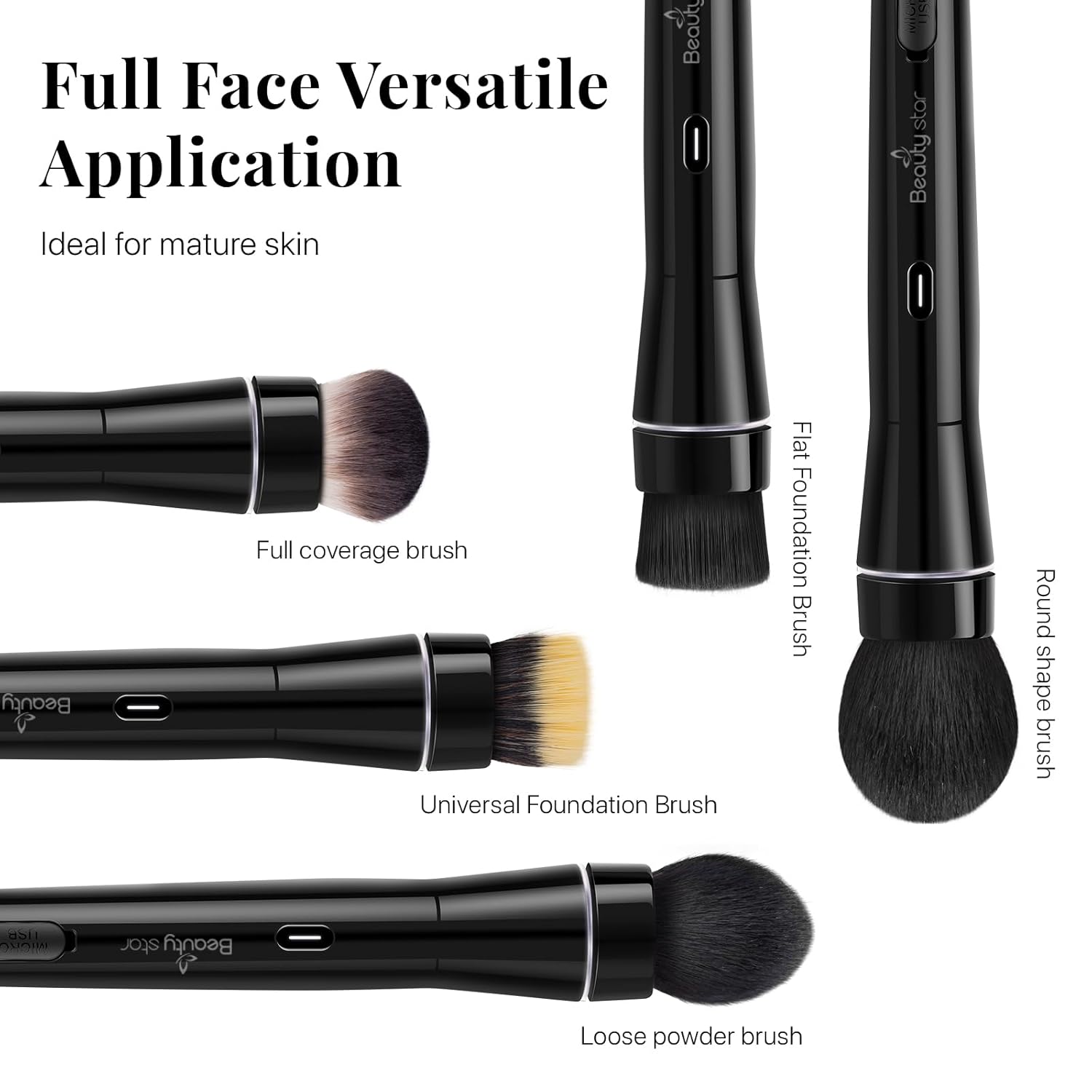 360° Electric Rotating Makeup Brush Set, 5 Vegan Brush Heads, Rechargeable Blending Face Brushes For Foundation, Blush, Powder, Bronzer, Contour, Highlight & Airbrush Finish, Flat Kabuki Brush