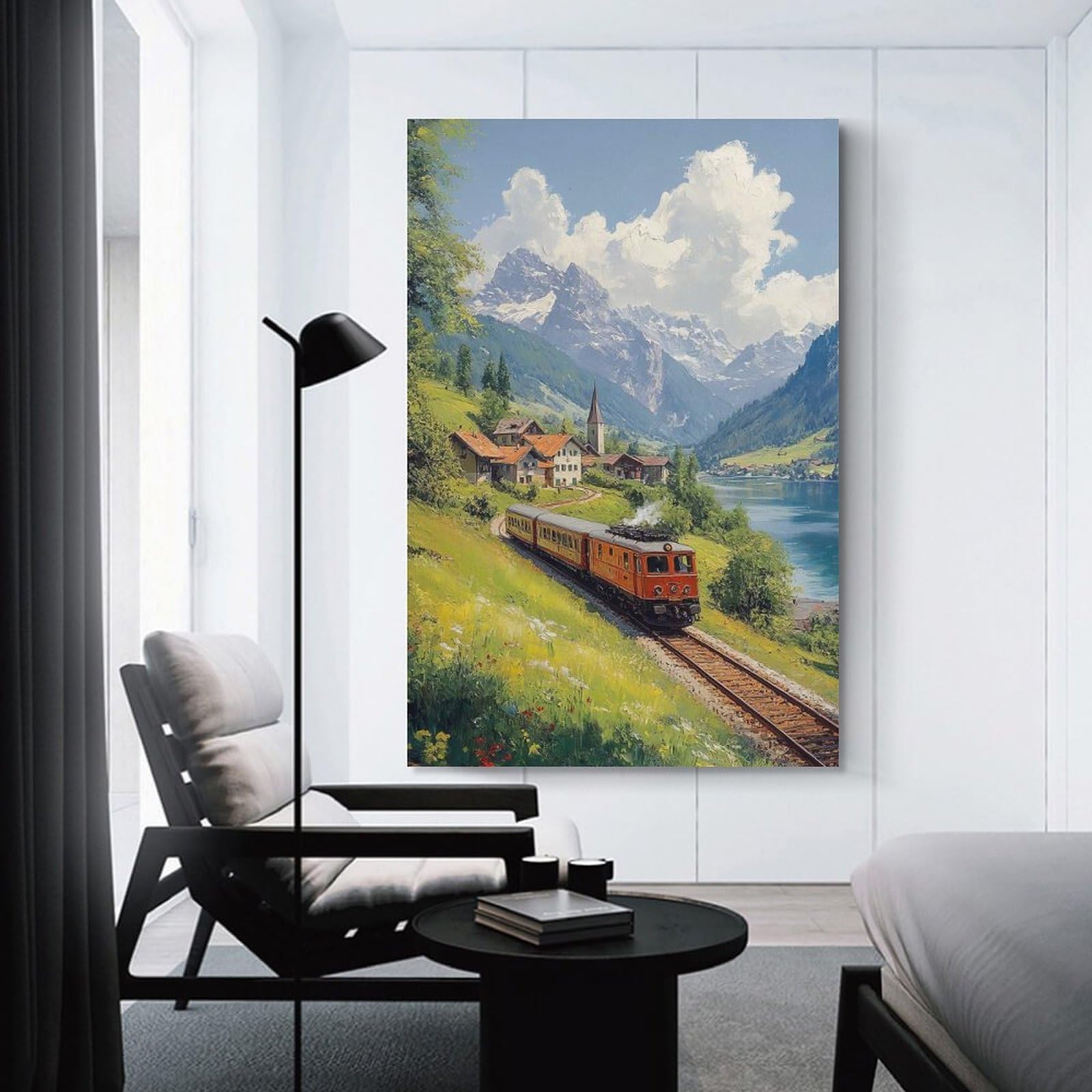 Junmoney Unframe-Style-7 Train Through Swiss Alps Room Decor Wall Art, 24X36inch(60X90cm), For Living Room, Bedroom, Office Or Hallway, Decorative Artwork With Broad Appeal