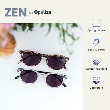 OPULIZE Zen Reading Sunglasses Small Lightweight Round Frame Spring Hinges Scratch Resistant Tinted Lens UV400 Protection Matt Light Brown Tortoiseshelll Mens Womens S24-1T +2.50