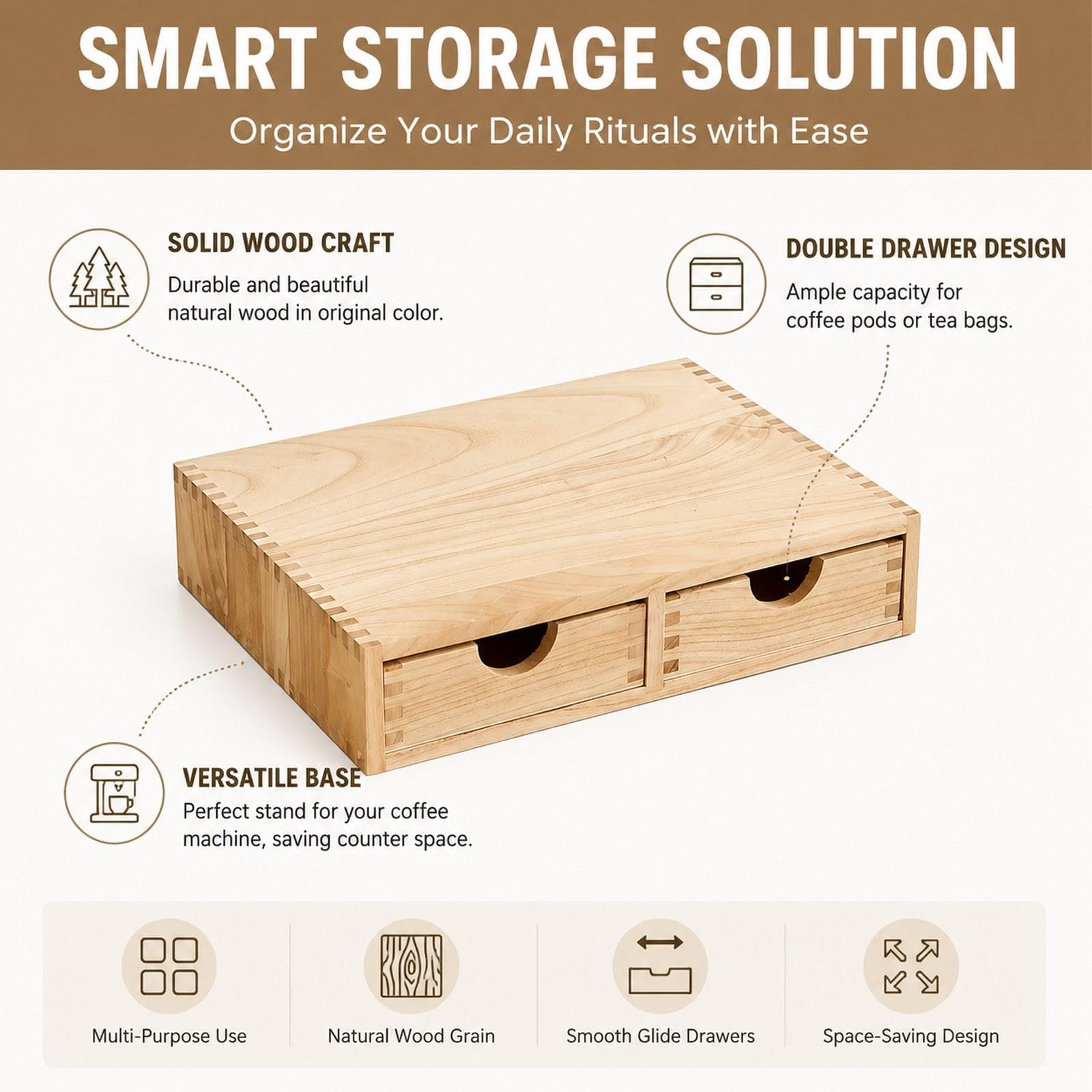 Kaffee Kapselhalter Holz Pod Schubladen Organizer Aufbewahrung für Tee Kaffee Kapseln Als Vielseitiges Zubehör mit Eleganter Optik für Küche Büro Gesc, Holz