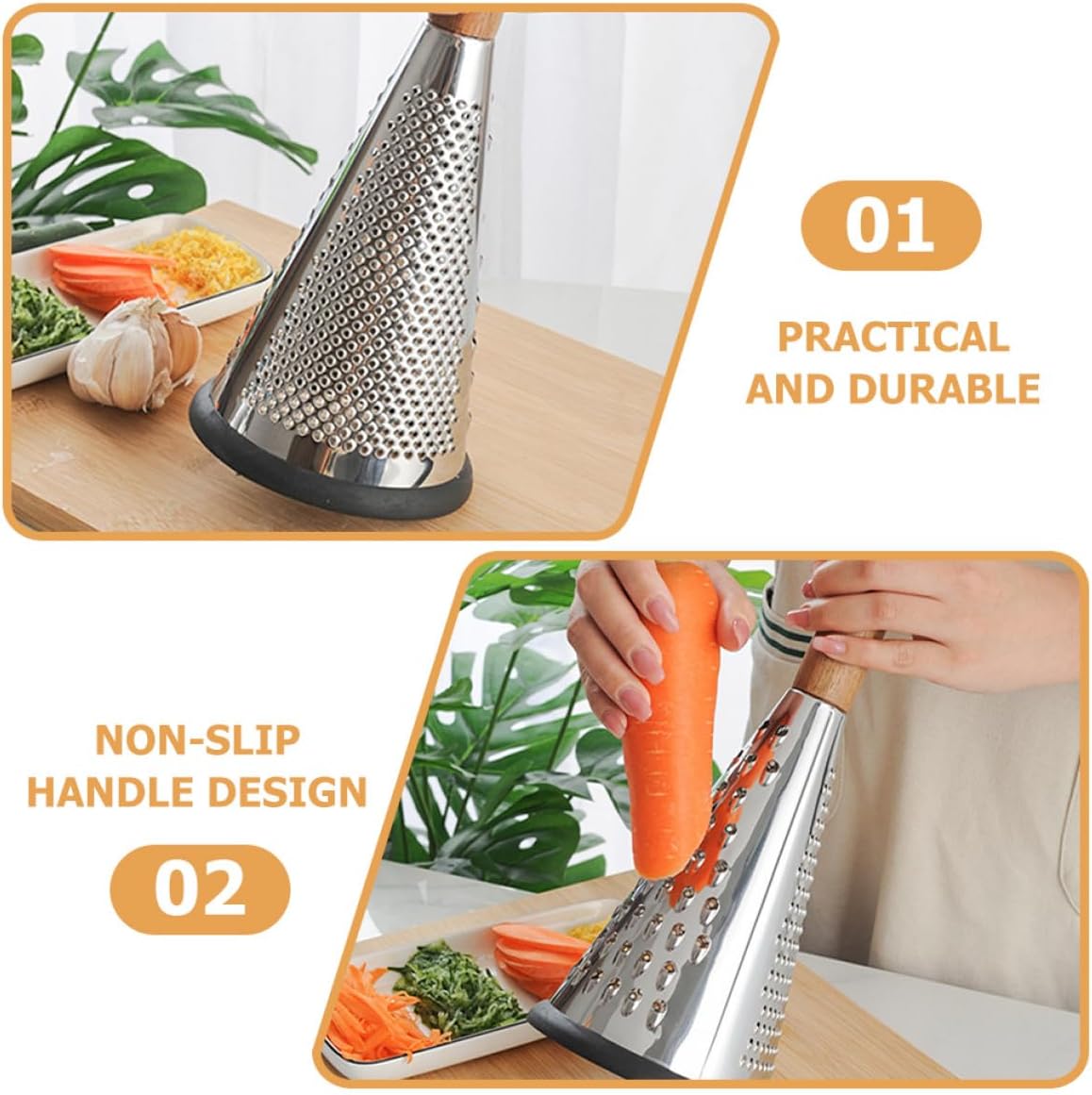 Cheese Grater with Wooden Handle, Stainless Steel Vertical Cone Shaped