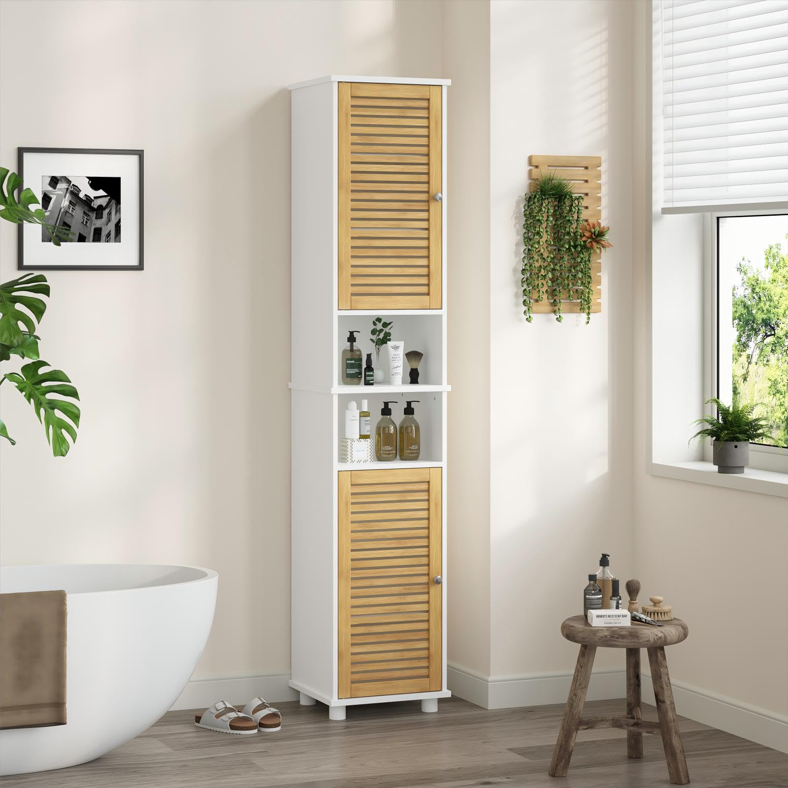 Badezimmer Hochschrank, Badzimmerschrank mit 2 offenen Fächern und verstellbaren Ablagen, Badschrank mit 2 Bambustüren, Badmöbel, für Wohnzimmer, Küche und Bad, 32 x 30 x 190 cm