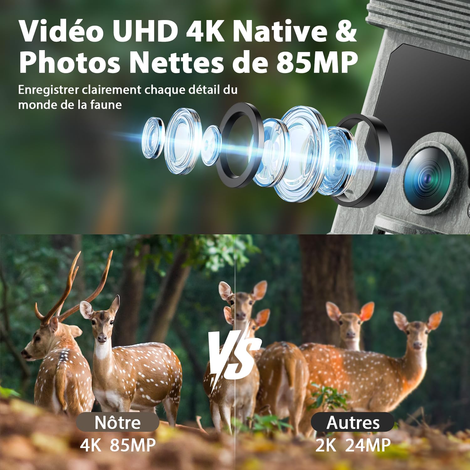 VOOPEAK Camera de Chasse Solaire - 4K UHD 85MP Camera de Chasse WiFi Bluetooth Rechargeable, Caméra Chasse Vision Nocturne Infrarouge Activée par Mouvement Temps de Déclenchement 0,1s Étanche IP66