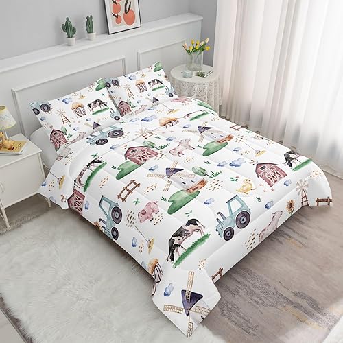 Miniatura 2 de Juego de edredón para niños, bonito juego de ropa de cama con estampado de granja con 1 edredón y 2 fundas de almohada para dormitorio de niñas y