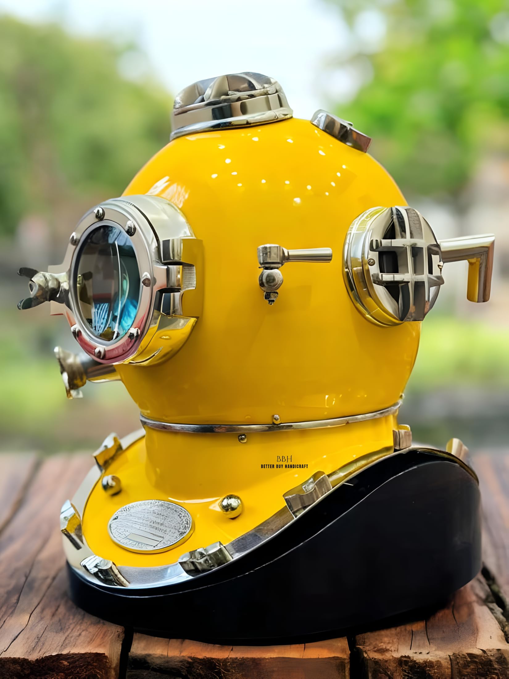 Casco de buceo amarillo sin base, casco de buceo Mark V de 18 pulgadas con base de madera, casco decorativo de barco marítimo, el mejor regalo de decoración, Amarillo, 46 cm