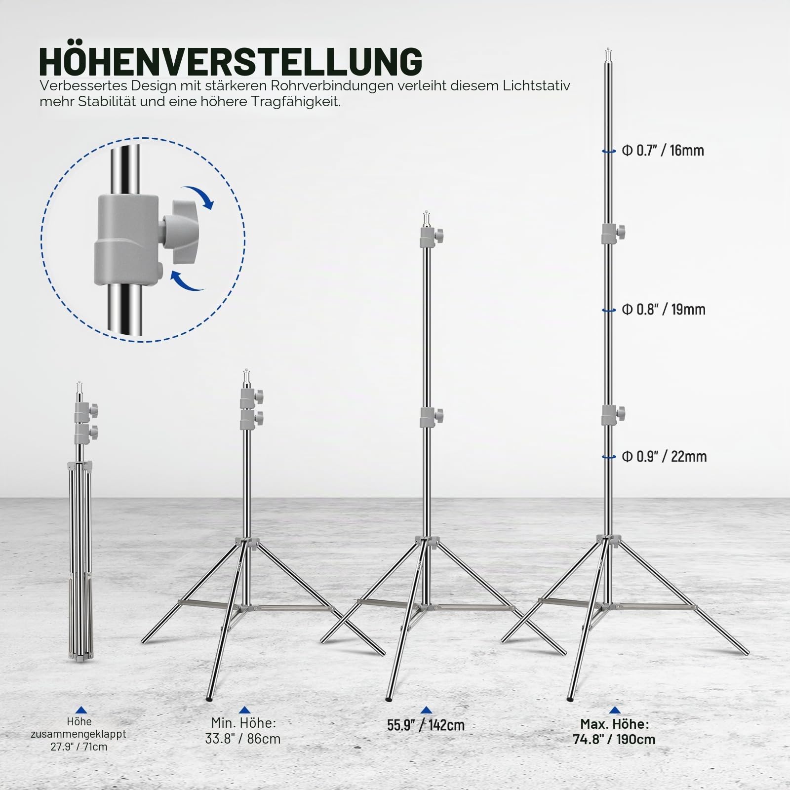 Neewer Verbesserter/190cm Lichtständer Licht Stativ Edelstahl federbelastet – Bild 4