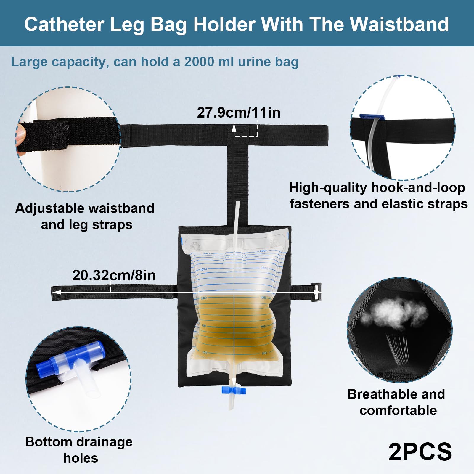 2 Piezas Soporte Para Bolsa De Pierna De Catéter, Colector Urinario Con Cinturón, Invisible Soporte Bolsa Orina Pierna, Cubierta De Bolsa De Orina(2000ml, Negro)