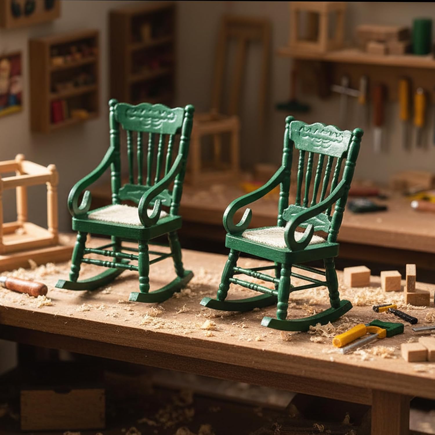 Dollhouse Chairs 2PCS Miniature Rocking Chair 1:12 Scale Wooden FurnitureAccessories Tiny Mini House Home Outdoor Decoration ModelLiving Room Scene Christmas Craft Displays (Green)
