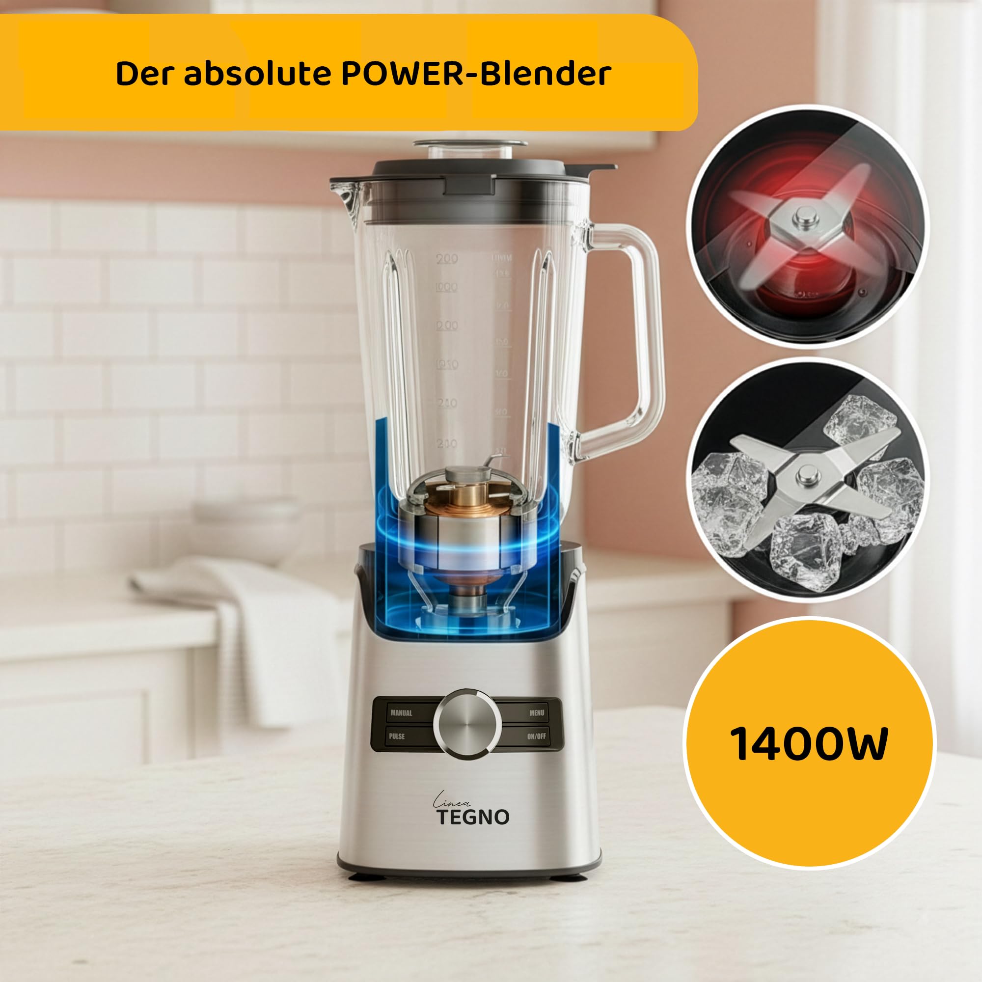 Power Blender - Linea Tegno – Profi Standmixer & Smoothie Maker – 1400W Hochleistungsmixer mit 1,7L Glasbehälter, LED-Display & 250ml Kaffeemühle – Edelstahl