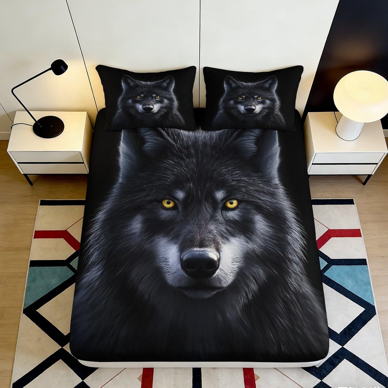 3D Printed Black Wolf Fitted Sheet Microfiber Soft Decor Wild Animal Bed Cover for Bedroom Guest Room Easy Care 90x200x25cm