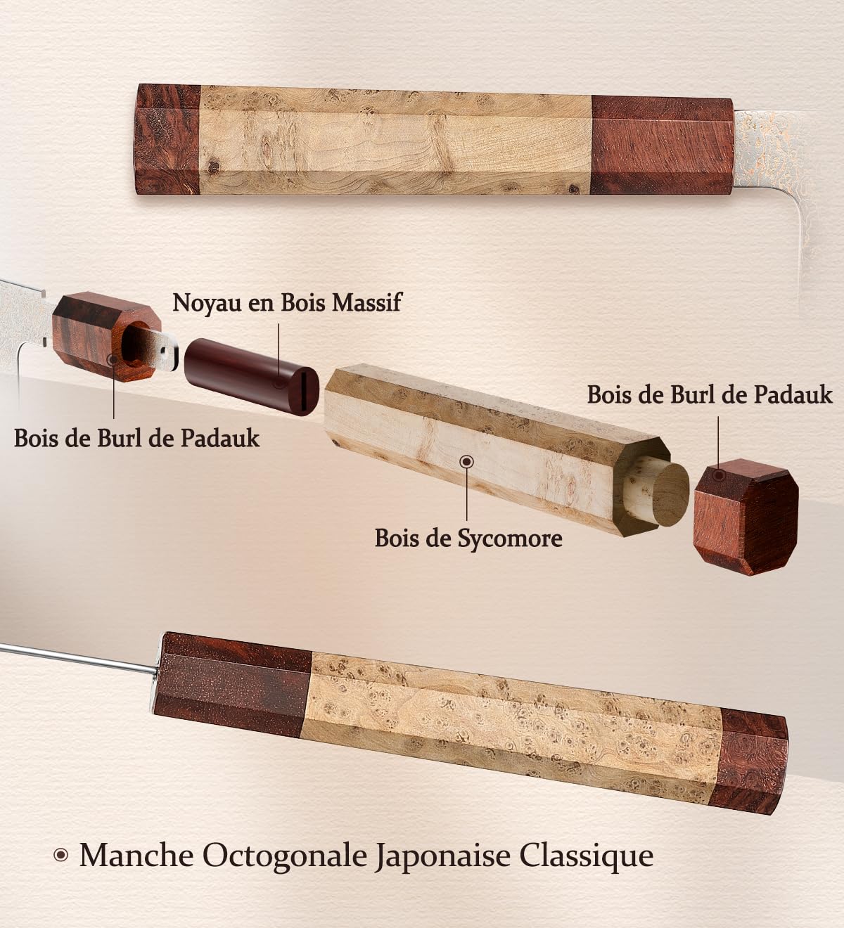 HEZHEN Kiritsuke Couteau de cuisine en acier damassé 33 couches de cuivre, motif damas, couteau de chef japonais Bunka
