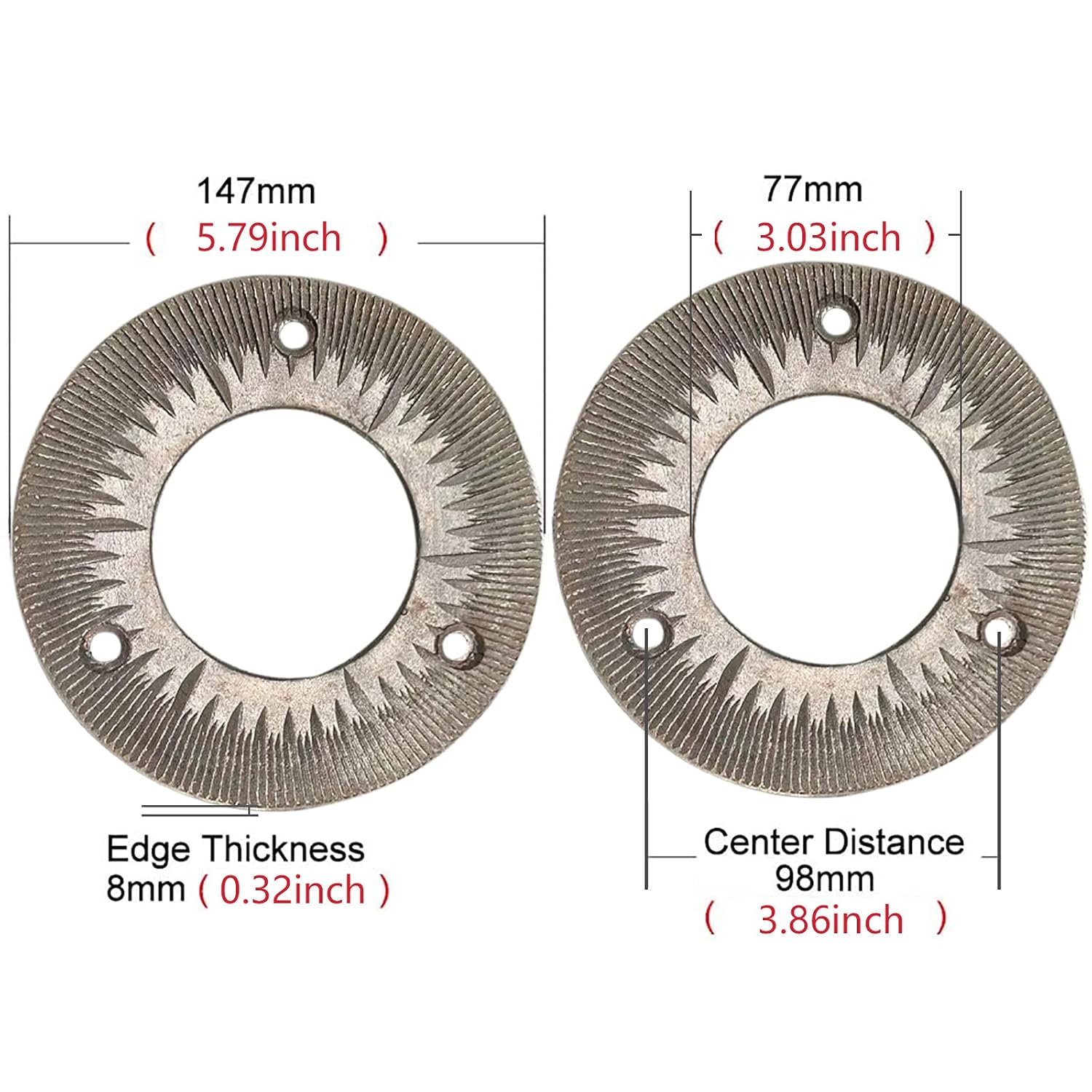 Grinding Discs 2-Pack, 150 Model Grinder Plates for Dry Grain, 8mm Thick Fine Cast Steel with 3-Hole Fixation and Precision Teeth, Replacement, for Rice, Soybean, Wheat Mill Machine