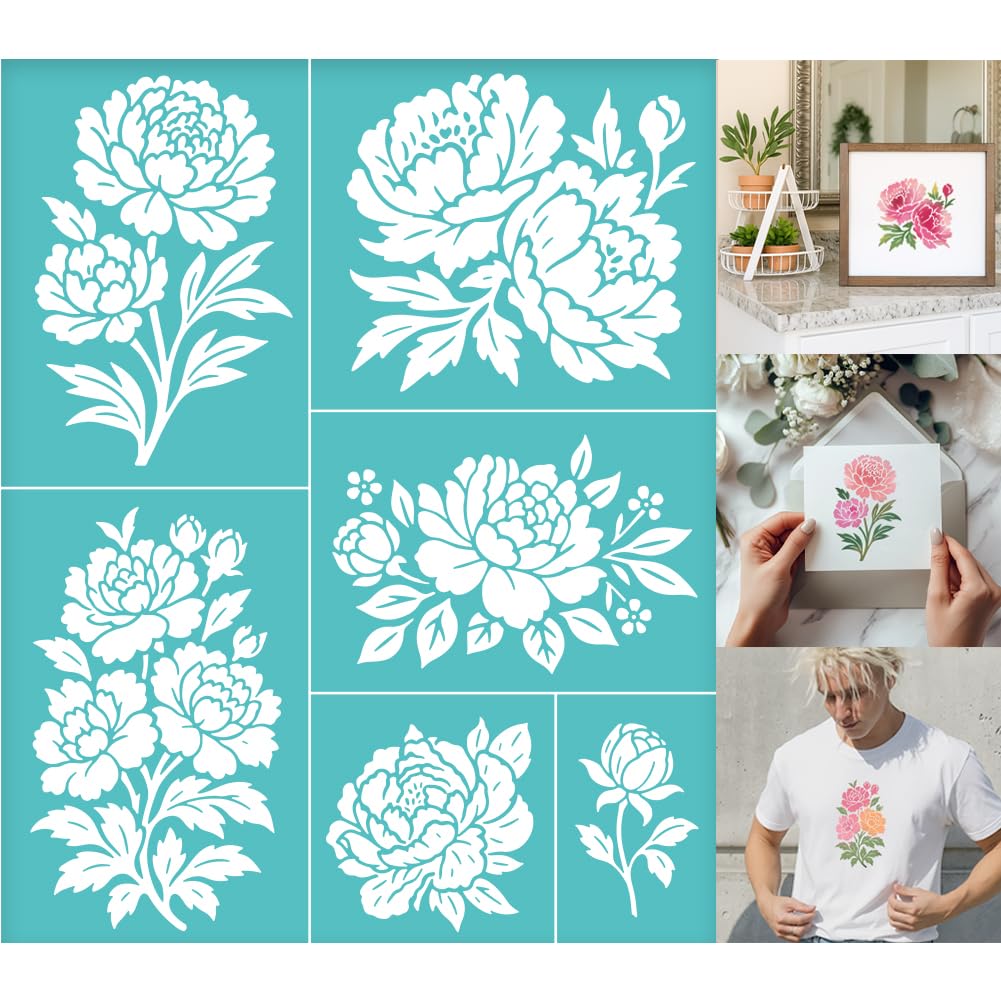 GOMAKERER 2 Sheets Flower Silkscreen Stencils, Different Peonies Printing Stencils Templates Reusable Self-Adhesive Silk Screen for Painting on Wall Wood T-Shirt Fabric Home Craft Decor