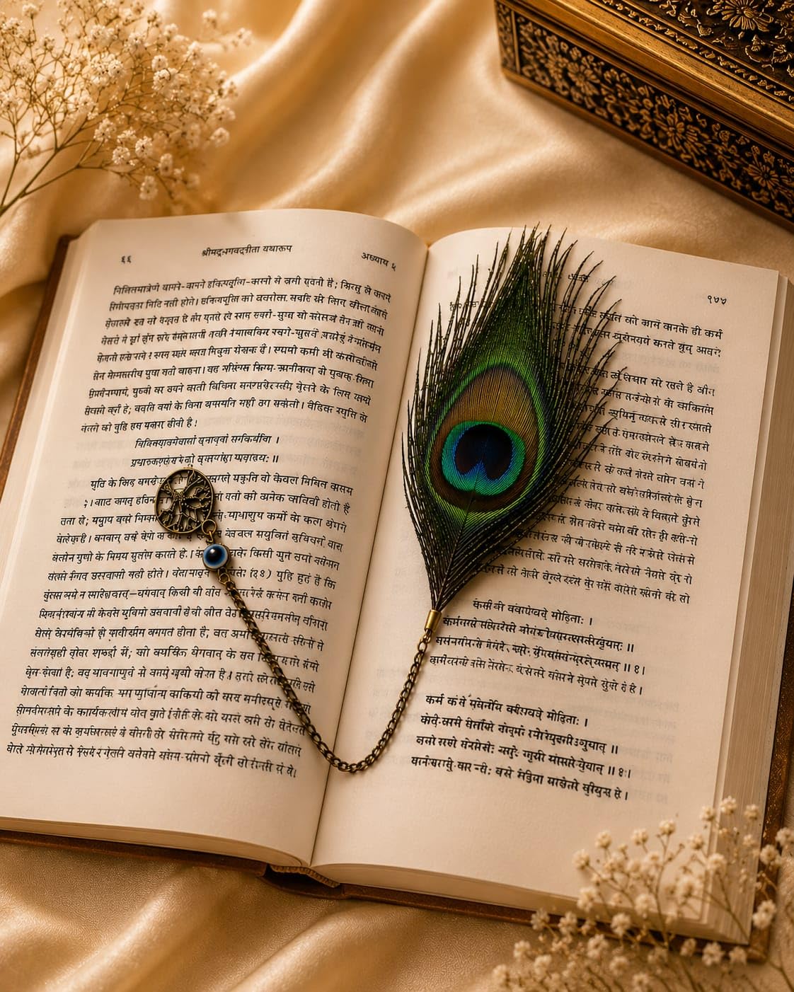 Natural Peacock Feather Bookmark with Evil Eye Bead Chain | Handmade Metal Chain Book Marker | Elegant Reading Accessory for Books, Journals & Gifts for Book Lovers (Tree of Life)-image-47