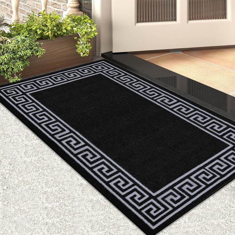 Trendy Realm Athena Door Mat – Non-Slip Washable Doormat, Heavy Duty Welcome Dirt Trapper, Water Absorbent Floor Mat for Indoor/Outdoor Use, Front Entrance, and Kitchen (Black & Grey, 50x80 cm)