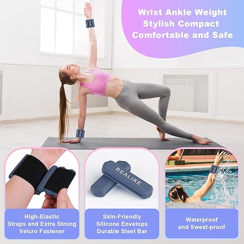 Miniatura 2 de REALIKE Pesas de muñeca y tobillo para mujer, juego de 2 pesas ajustables de silicona (1 libra cada una) para caminar, yoga, pilates, aeróbicos,
