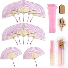 LALAGO 25Pcs Silk Fabric Folding Fan Pocket Fan Bamboo Fan Silk Hand Fan with Tassels for Dance Photography Decorations for Summer Party or Wedding (Pink)