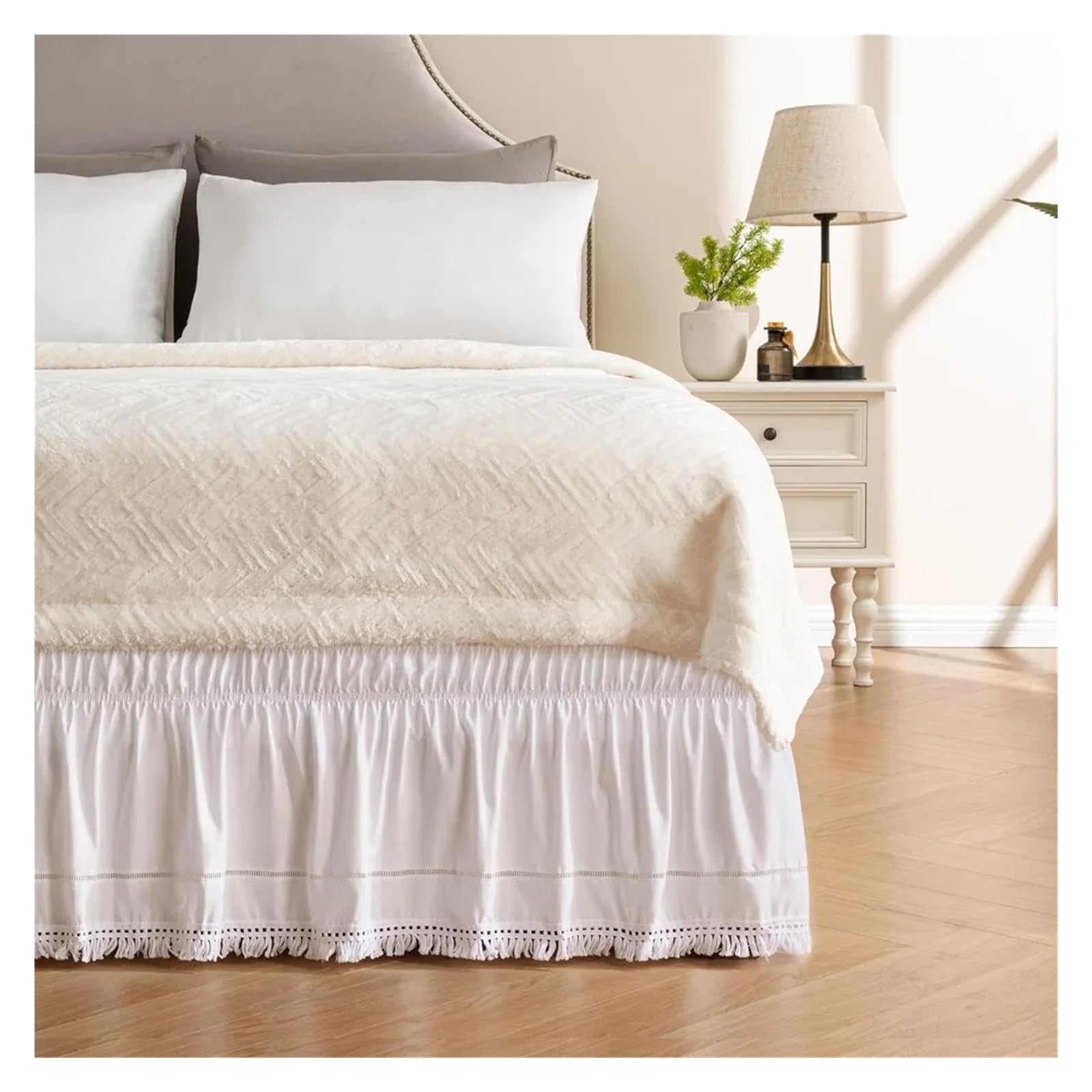 Faldón de Cama elástico Envolvente Práctica Falda de Cama elástica Blanca con Flecos, Colcha Volantes a Prueba Polvo, romántica for Cubrir Debajo la, Inn(60Inx80In)