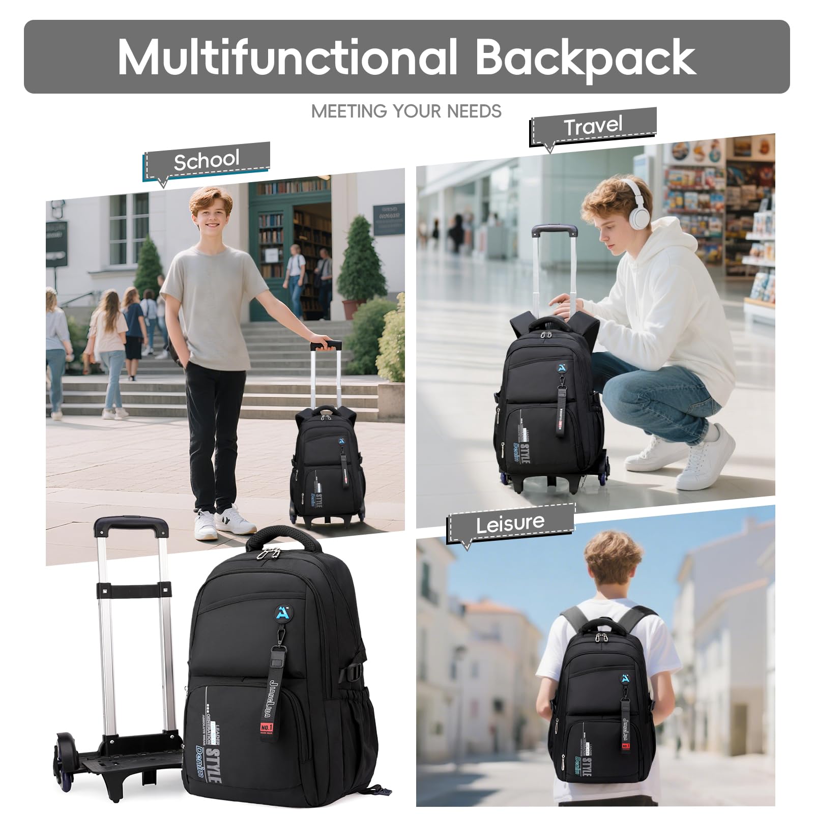 Tanou Mochila con Ruedas para Adolescente, Mochila Instituto Chico de 36 Litros Impermeable, Mochila Trolley Escolar Grande con Carrito Desmontable para Viaje