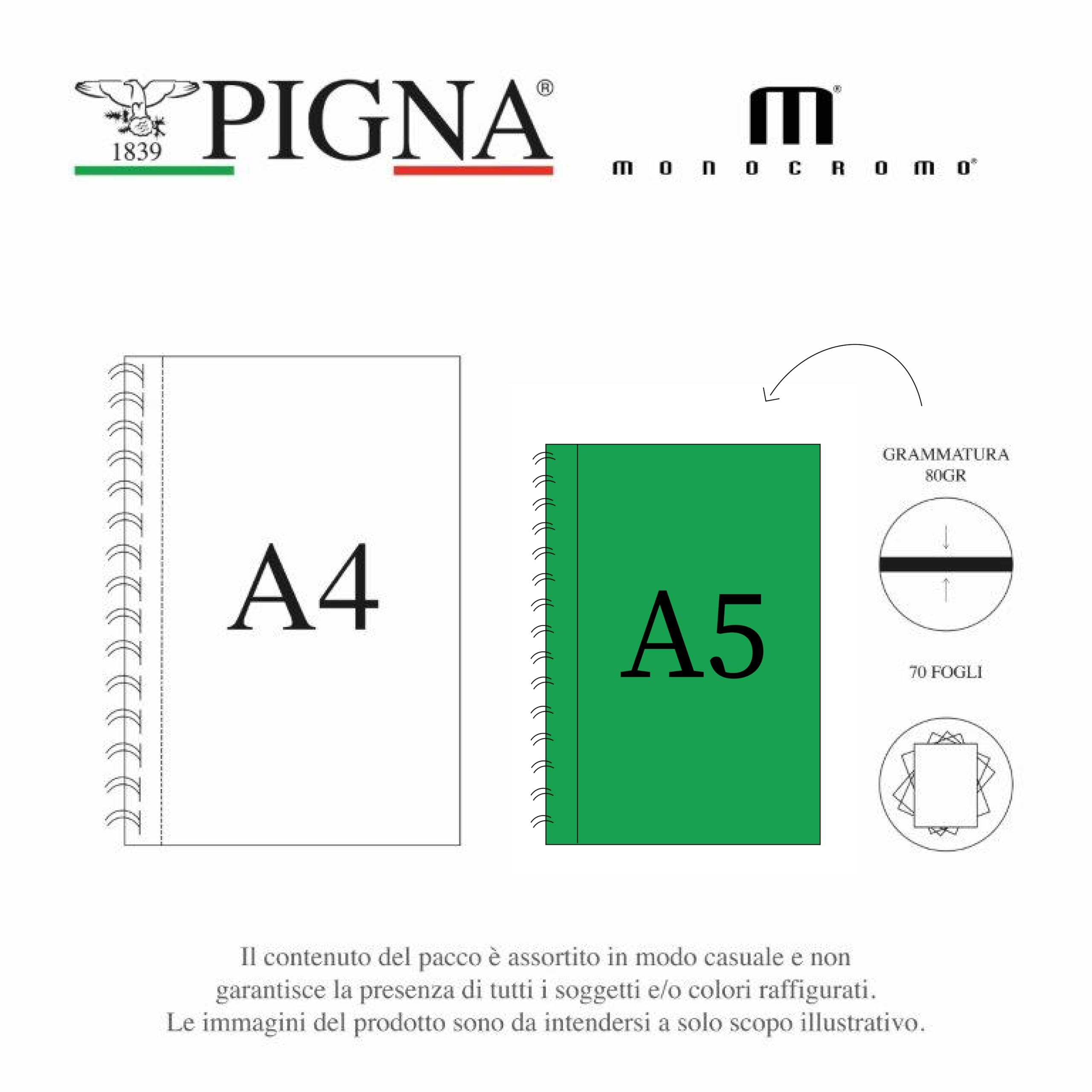 Pigna Quaderni A5 Spiralati Monocromo Microperforati 5M Quadretti 5mm Confezione 5