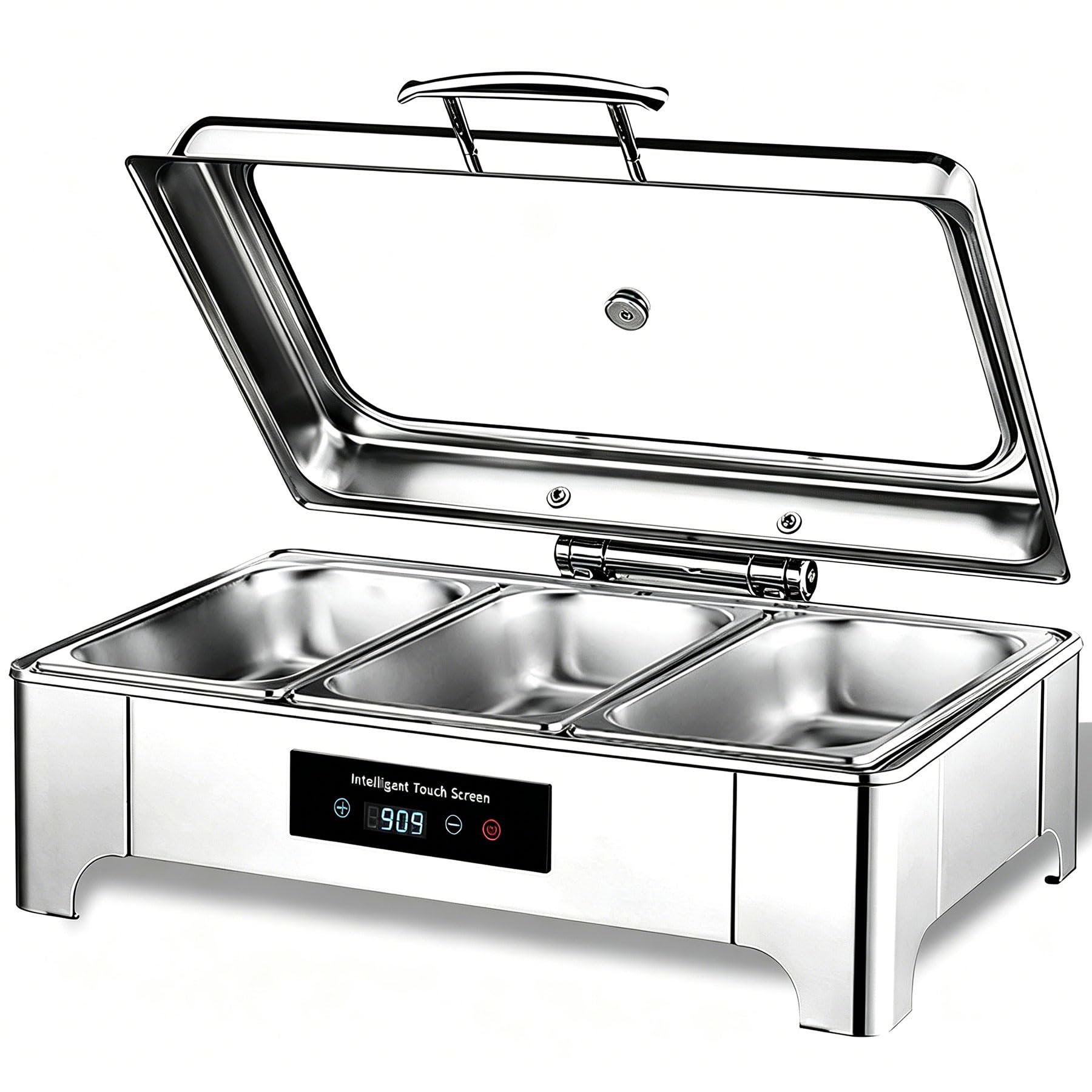 Chafing Dish Elettrico, Scaldavivande Buffet Elettrico Acciaio Inox (GN1/3) | 9L Chafing Dish Buffet Elettrico con Controllo Touch Screen e Coperchio in Vetro per Feste, Temperatura Regolabile
