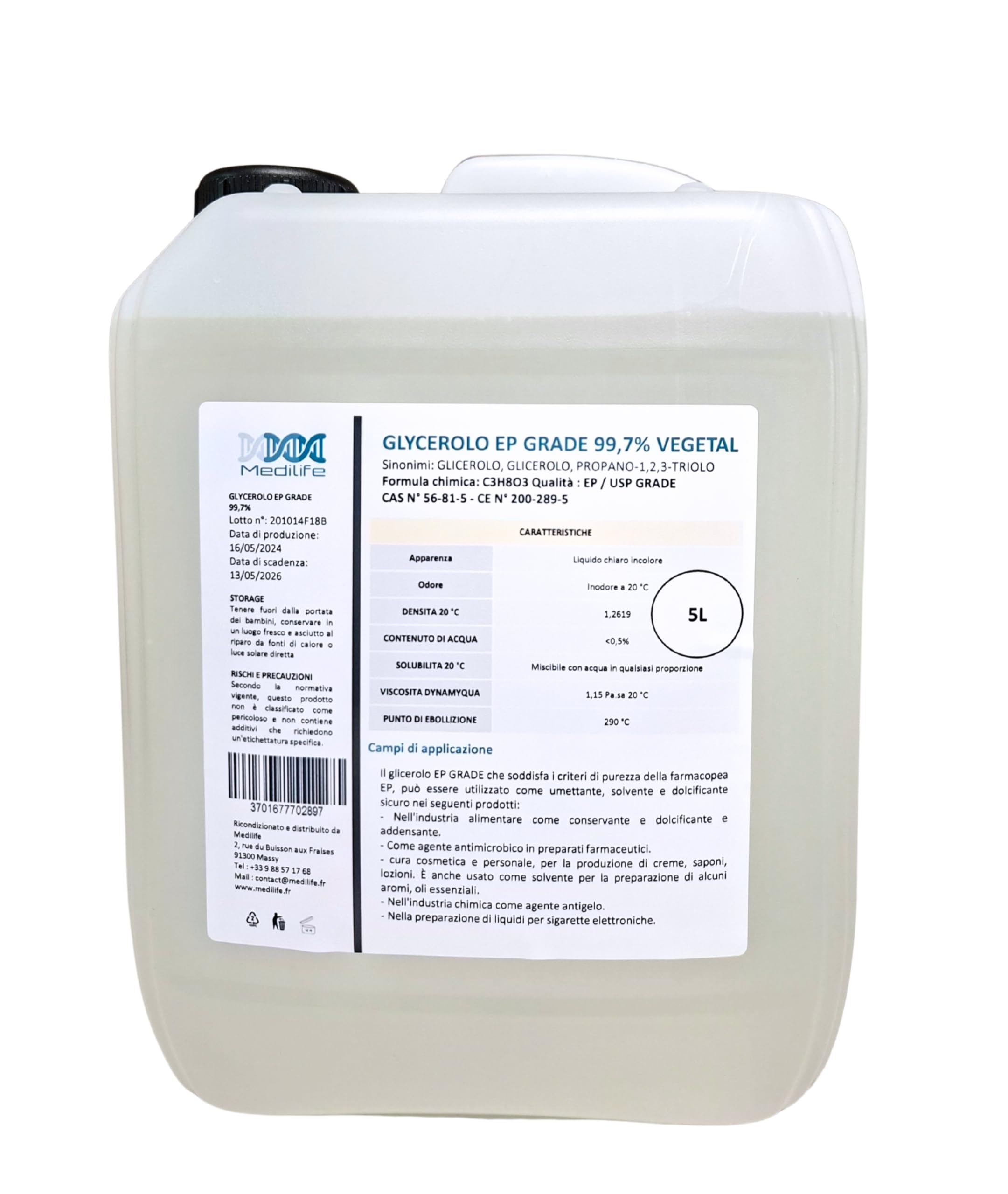 Medilife Glicerolo Vegetale EP Grade 99,7%, 5L (6.25kg), Grado Farmaceutico