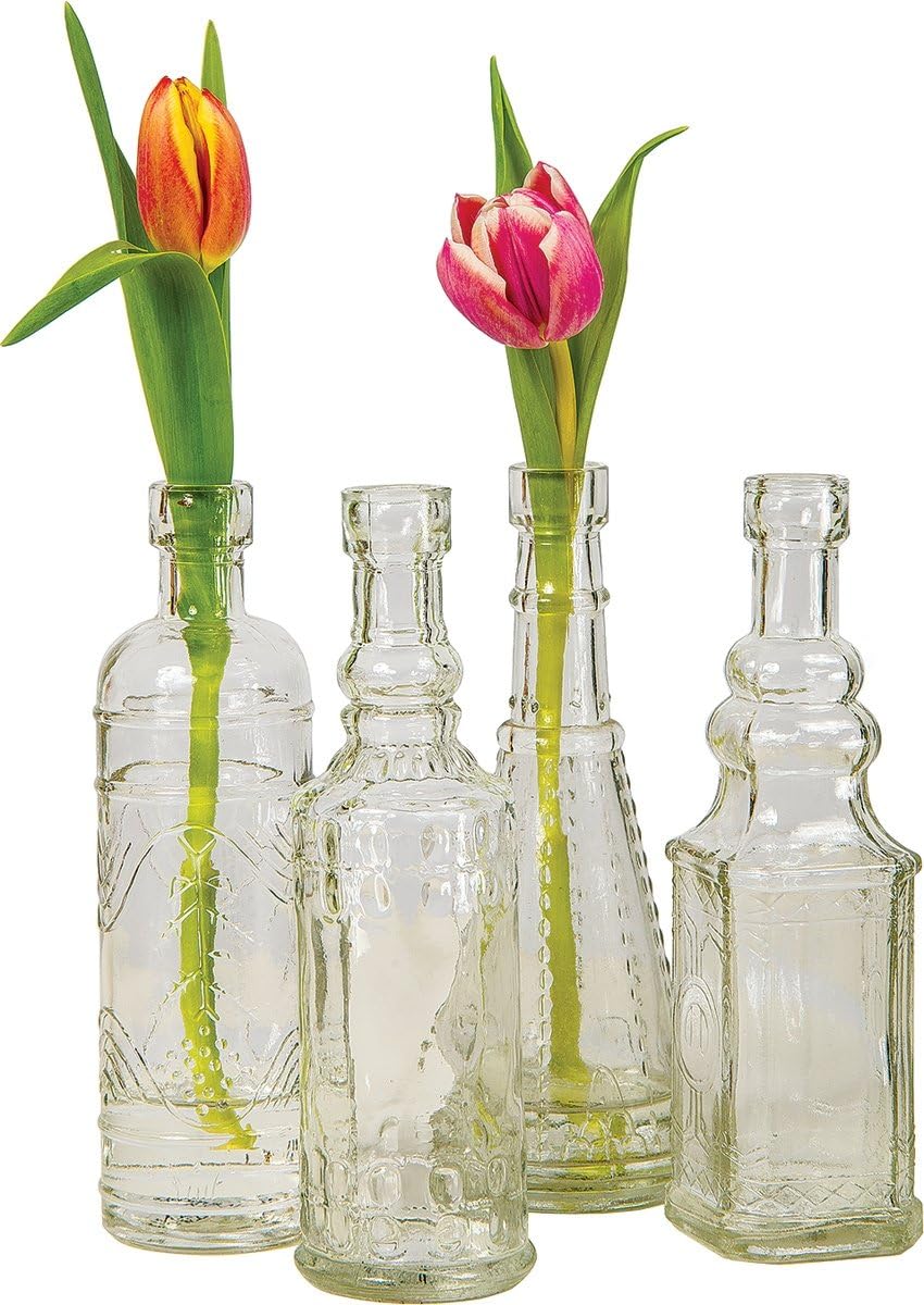 Luna Bazaar Small Vintage Glass Bottle Set (7-Inch, Dakota Design, Clear, Set of 4) - Flower Bud Vase Set - for Home Decor, Party Decorations, and Wedding Centerpieces