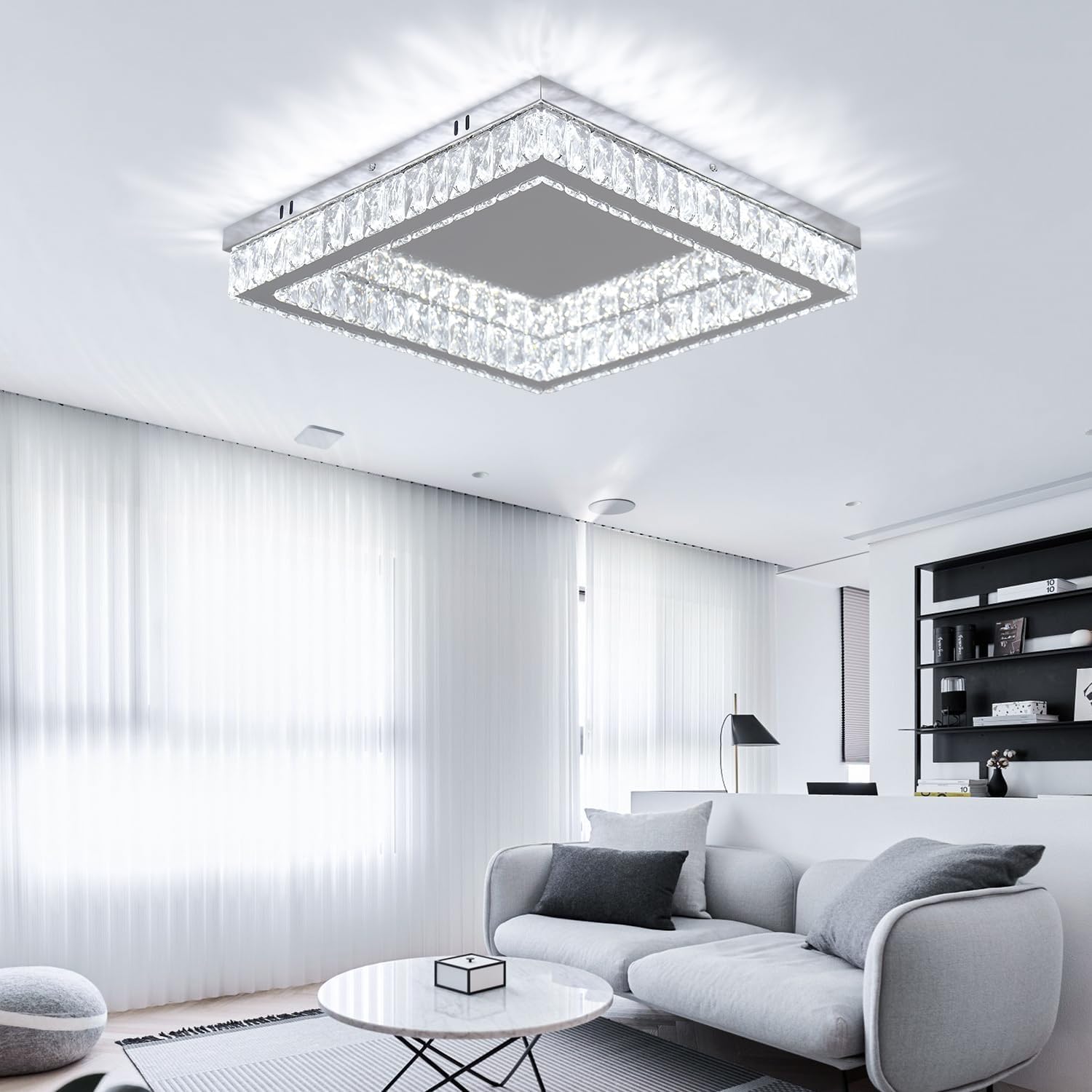 Finktonglan Plafoniera LED Cristallo Moderna Quadrata 45 cm, Lampadario a Soffitto in Acciaio Inossidabile con Cristalli K9, Bianco Freddo 6000K, 34W per Soggiorno Camera Sala da Pranzo