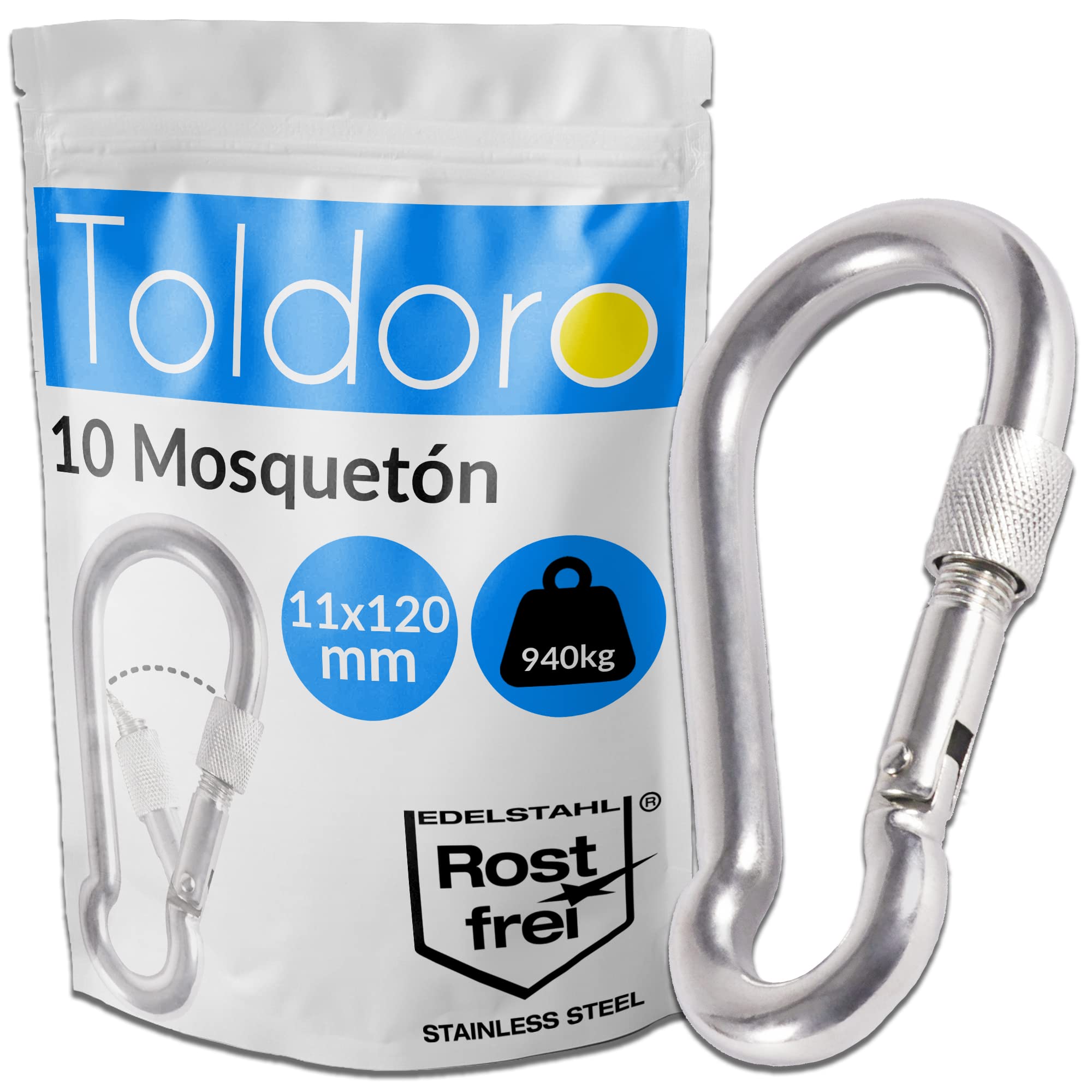 Toldoro Mosquetón de acero inoxidable con cierre de seguridad, mosquetón de 120 mm, mosquetón para fijación, mosquetón de acero inoxidable con cierre