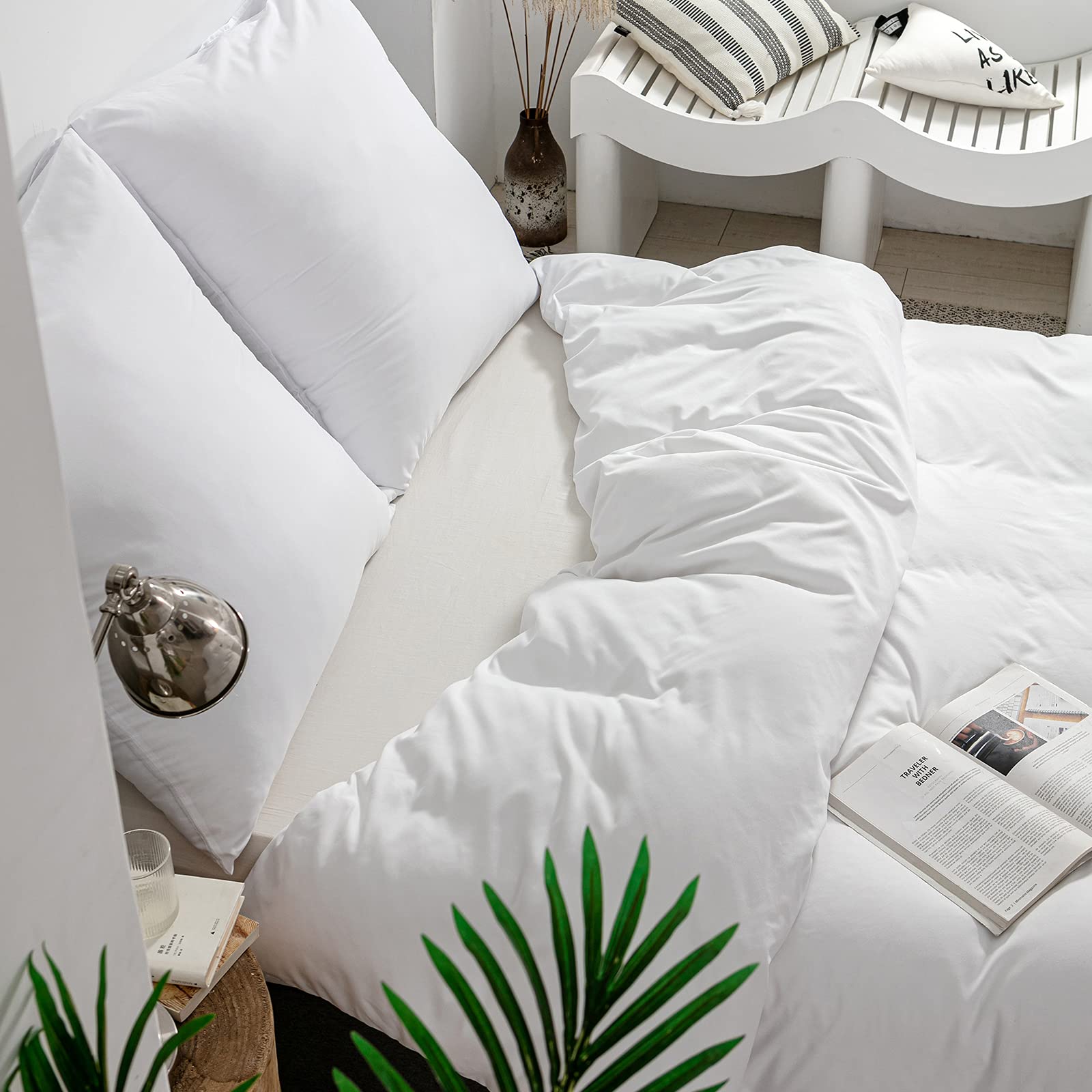 Good Nite Beddengoedset, 2-delig, 100% polyester, microvezel, comfortabel, met ritssluiting, 1 effen dekbedovertrek 1 kussensloop (wit, 135 x 200 cm 1 x 80 x 80 cm