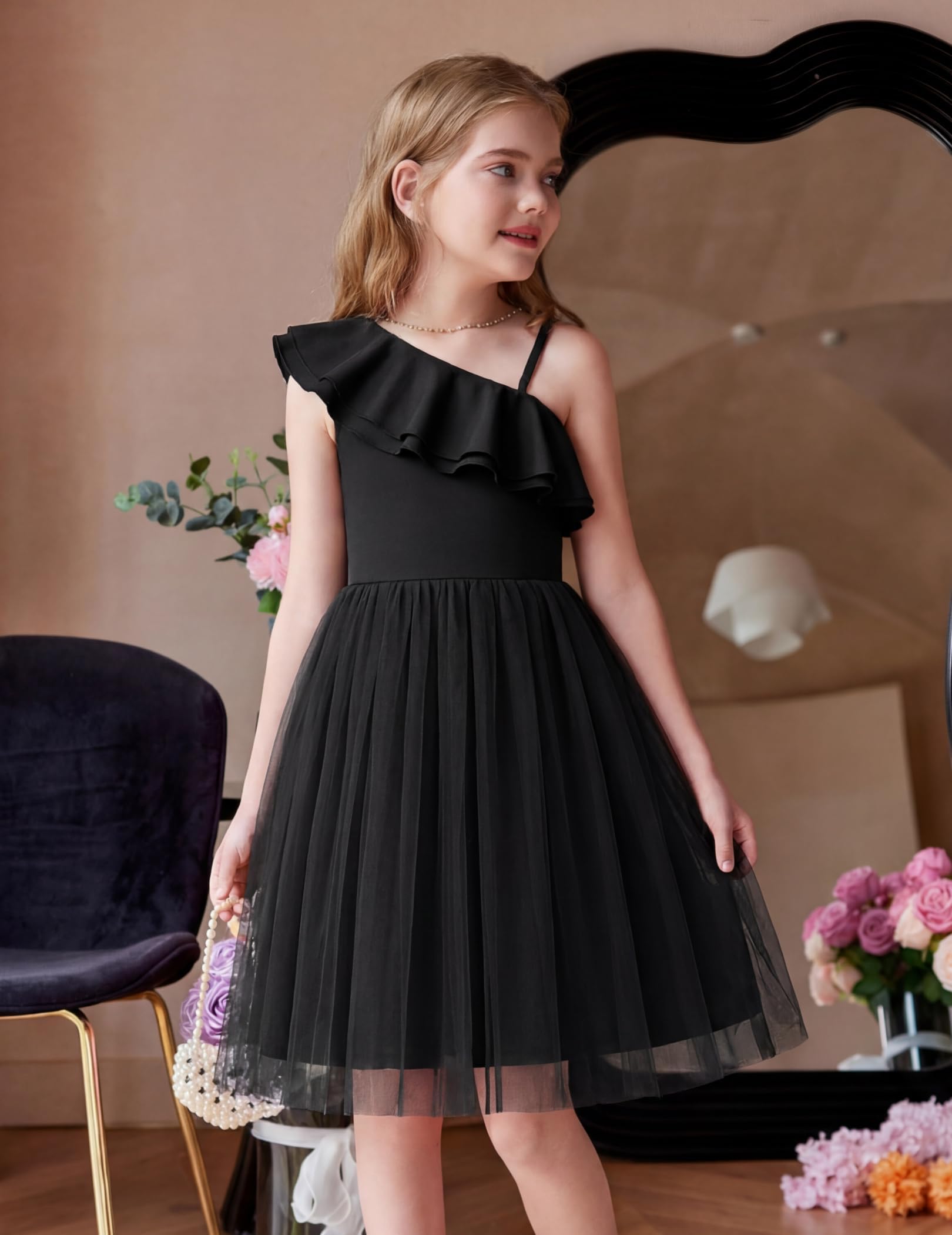 Arshiner Robes pour Filles sans Manches Enfants Encolure Asymétrique Tulle à Fines Bretelles Volants Robe de Cérémonie