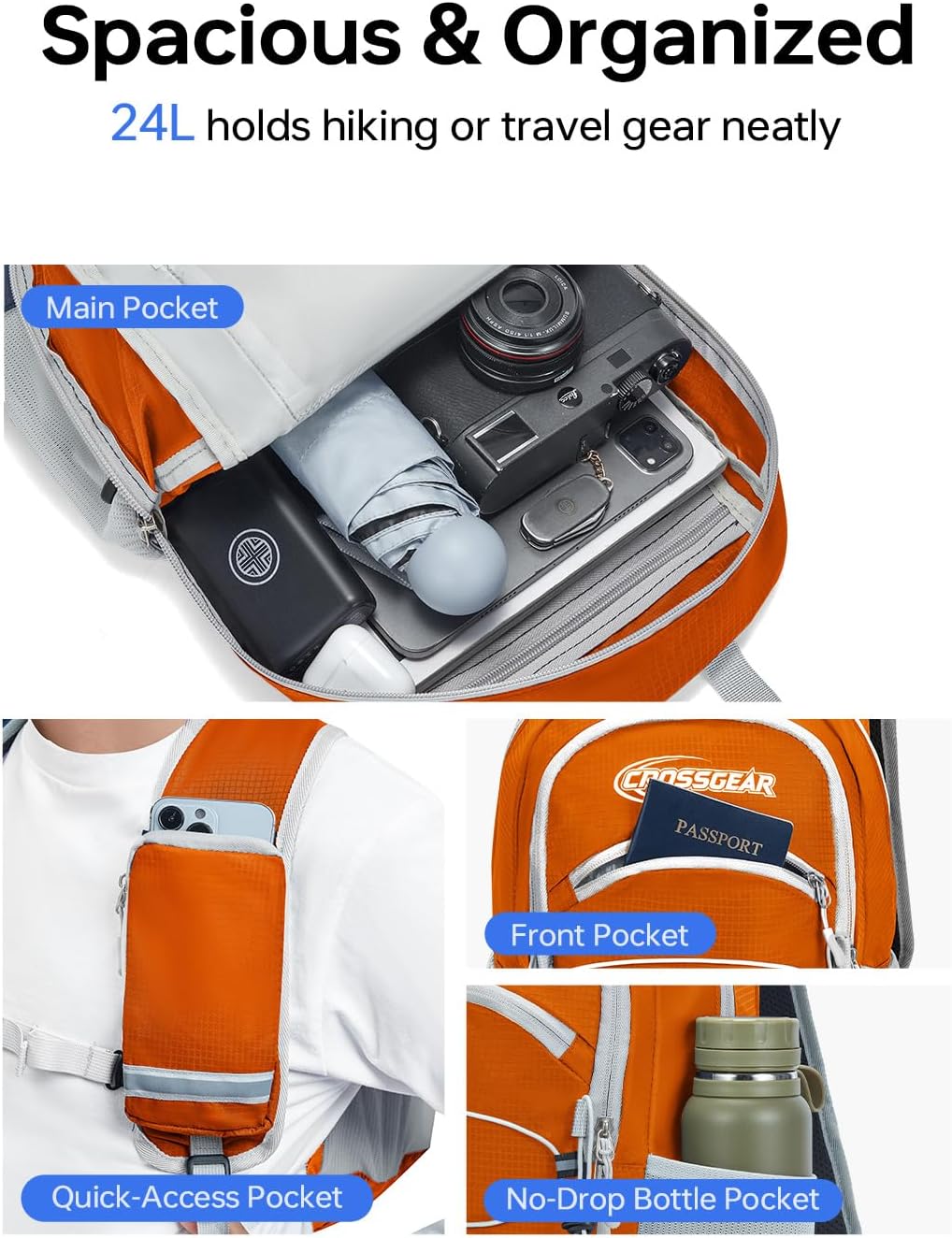 CROSSGEAR Packable Hiking Backpack, 24L Lightweight Foldable Daypack, RFID Secure Pocket, Nylon Fabric, Water Resistant Small Travel Hiking Daypack for Women Men, Orange