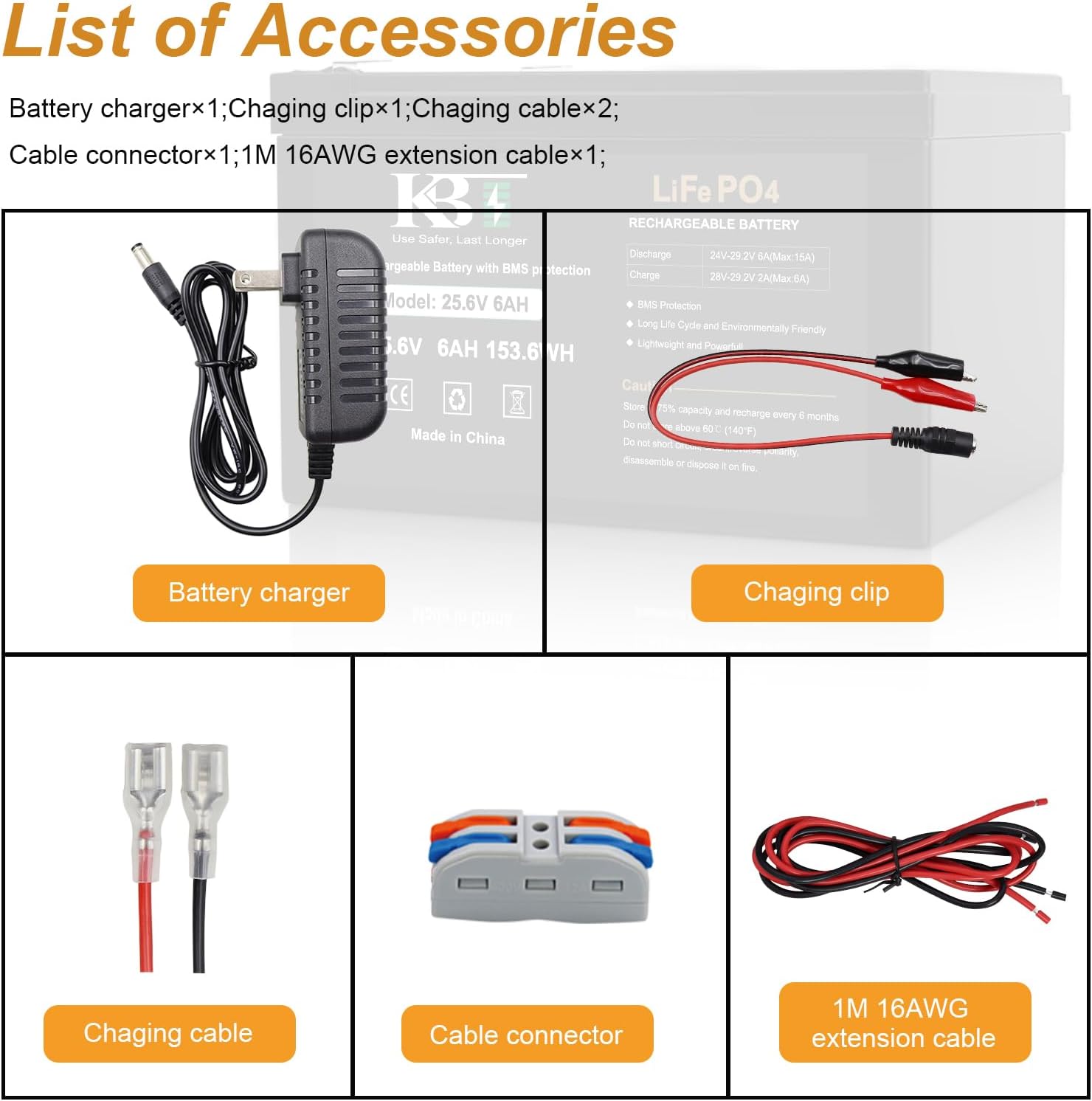 KBT 24V 6Ah Deep Cycle Rechargeable LiFePO4 Lithium Battery with 24V Charger, Charging Cable, Cable Connector - Image 5